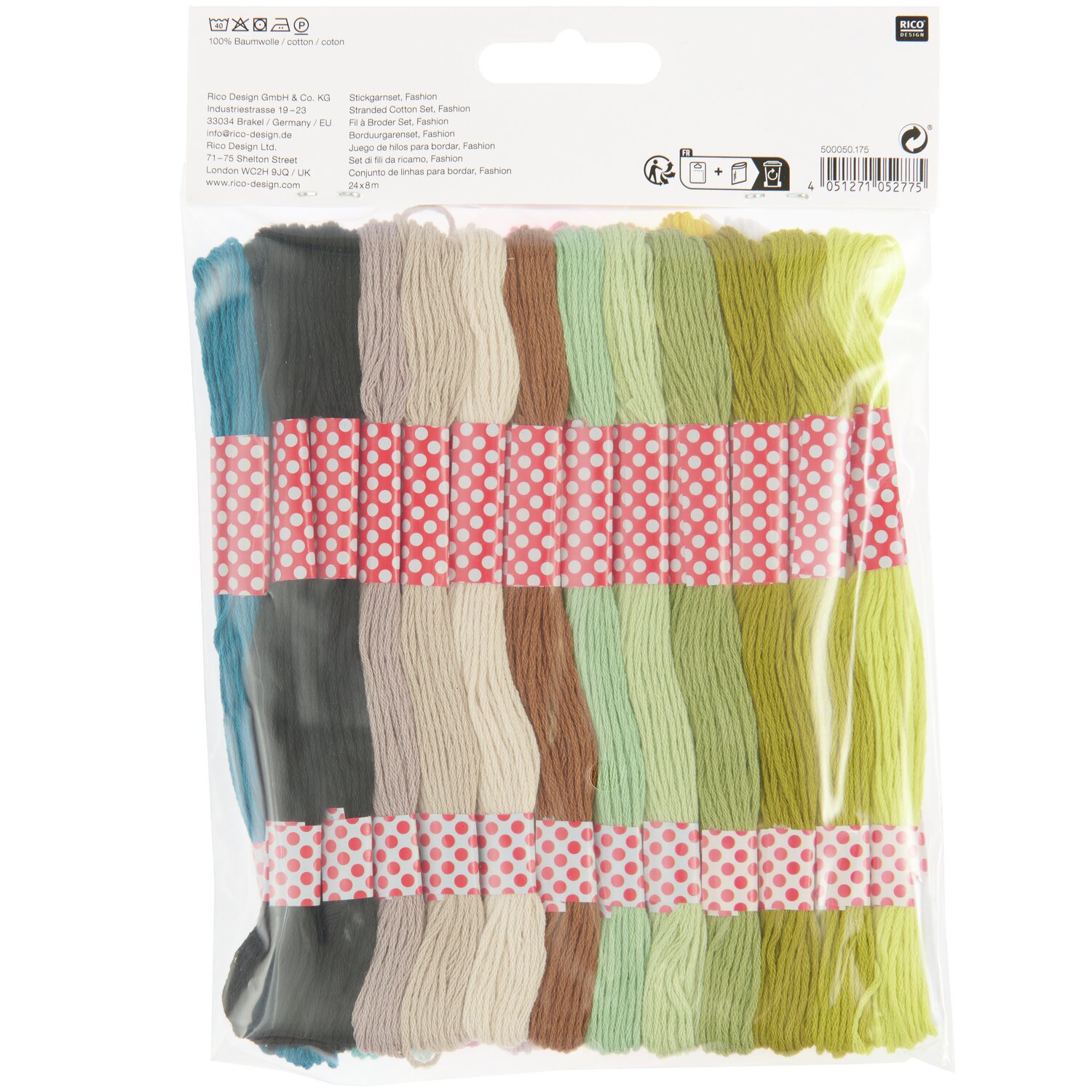 Stickgarn Set Fashion, 24-teilig, von Rico Design. Mehrfarbige Fäden in einer transparenten Verpackung. Ideal für kreative Stickprojekte.
