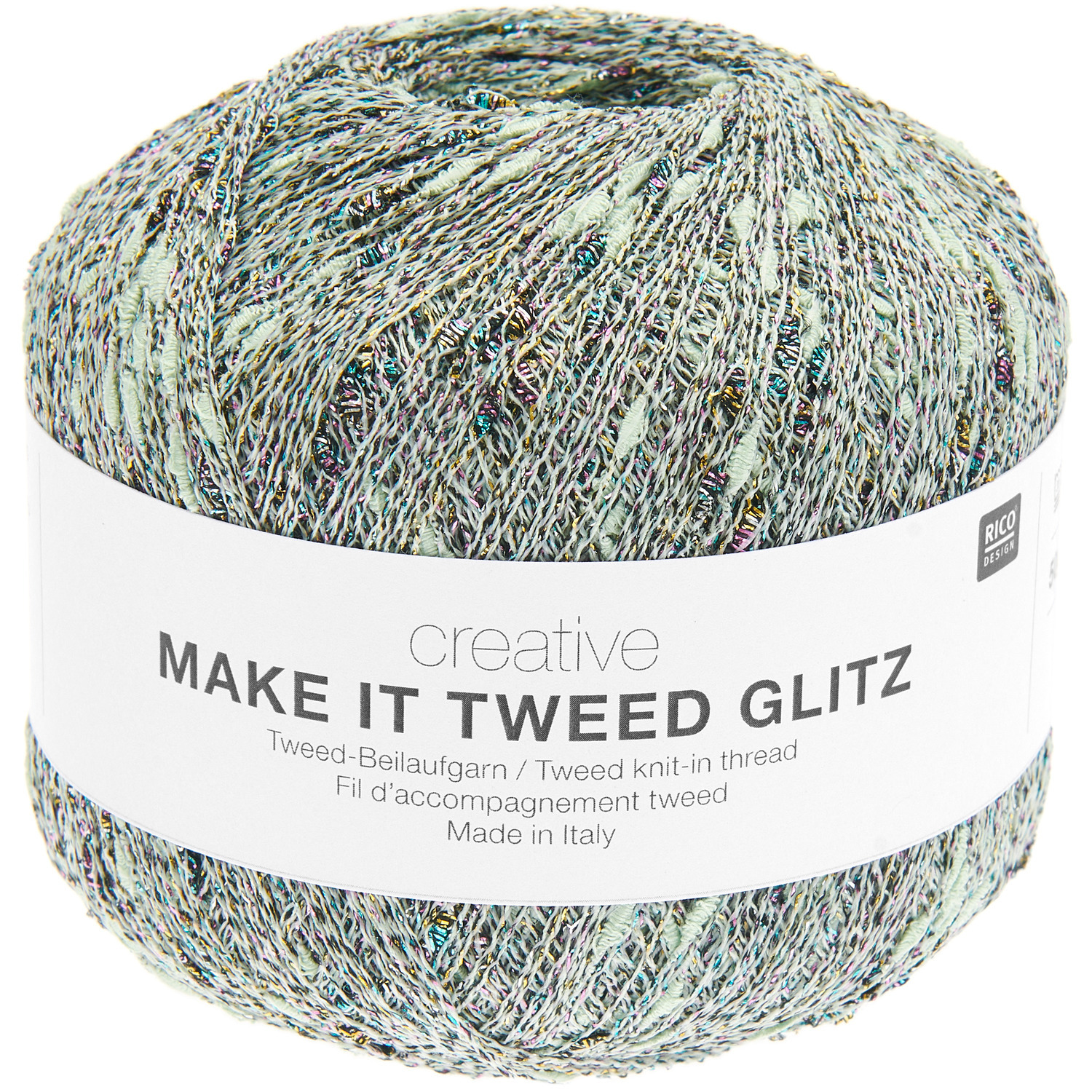 Creative Make It Tweed Glitz Strickset zeigt mintfarbenes Garn von Rico Design, ideal für Pullover.