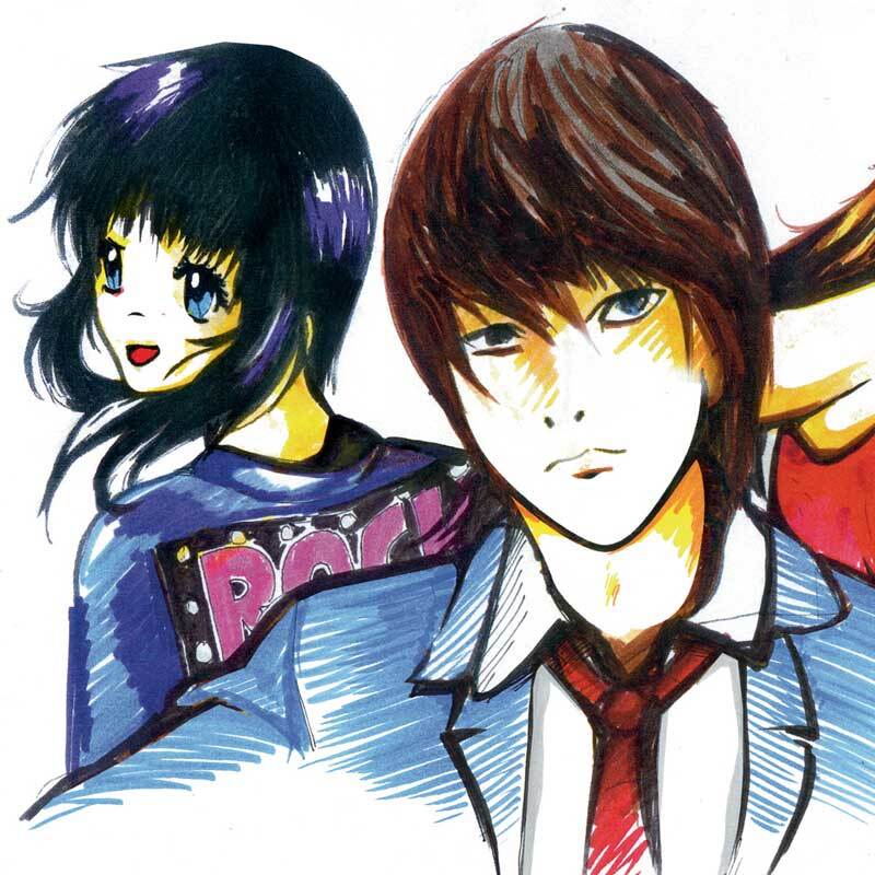 1340 Brushpen: Anime-Illustration mit zwei Charakteren in bunten Farben, gezeichnet mit edding Stiften.