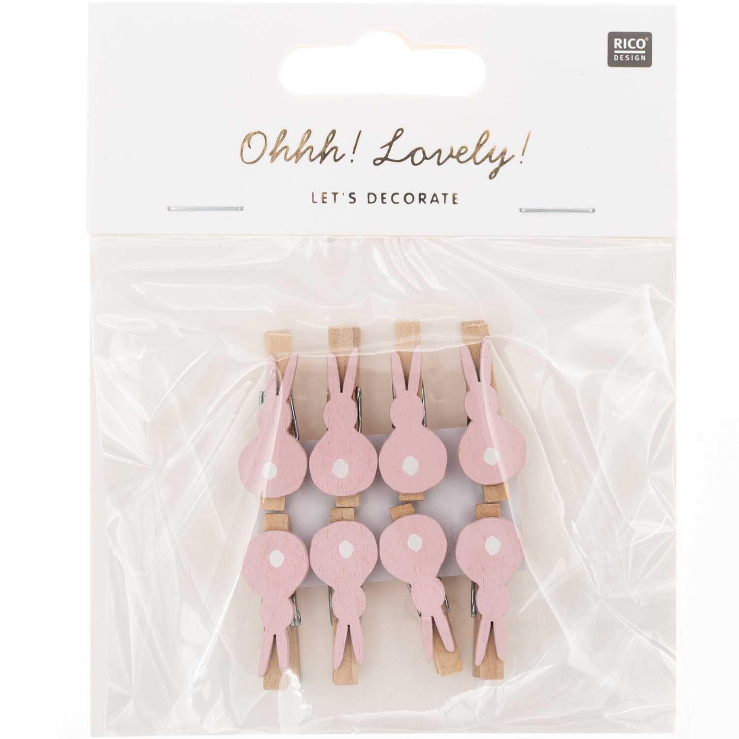 Dekoklammern Hase klein 8 Stück: Acht rosa Hasenklammern von Rico Design in transparenter Verpackung.