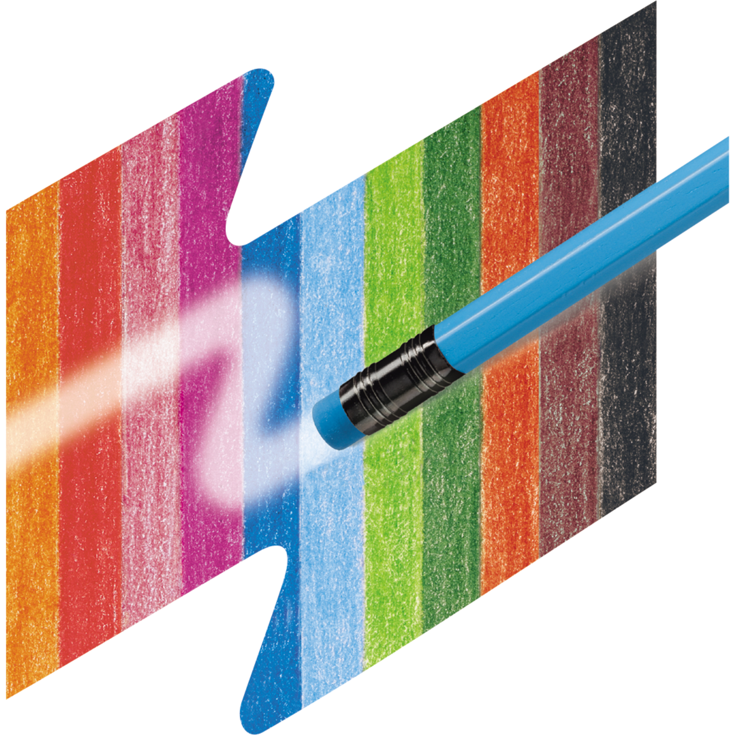 Classic Colours radierbarer Buntstift von Faber Castell, 12 Stück, zeigt bunte Linien und Radierfunktion.