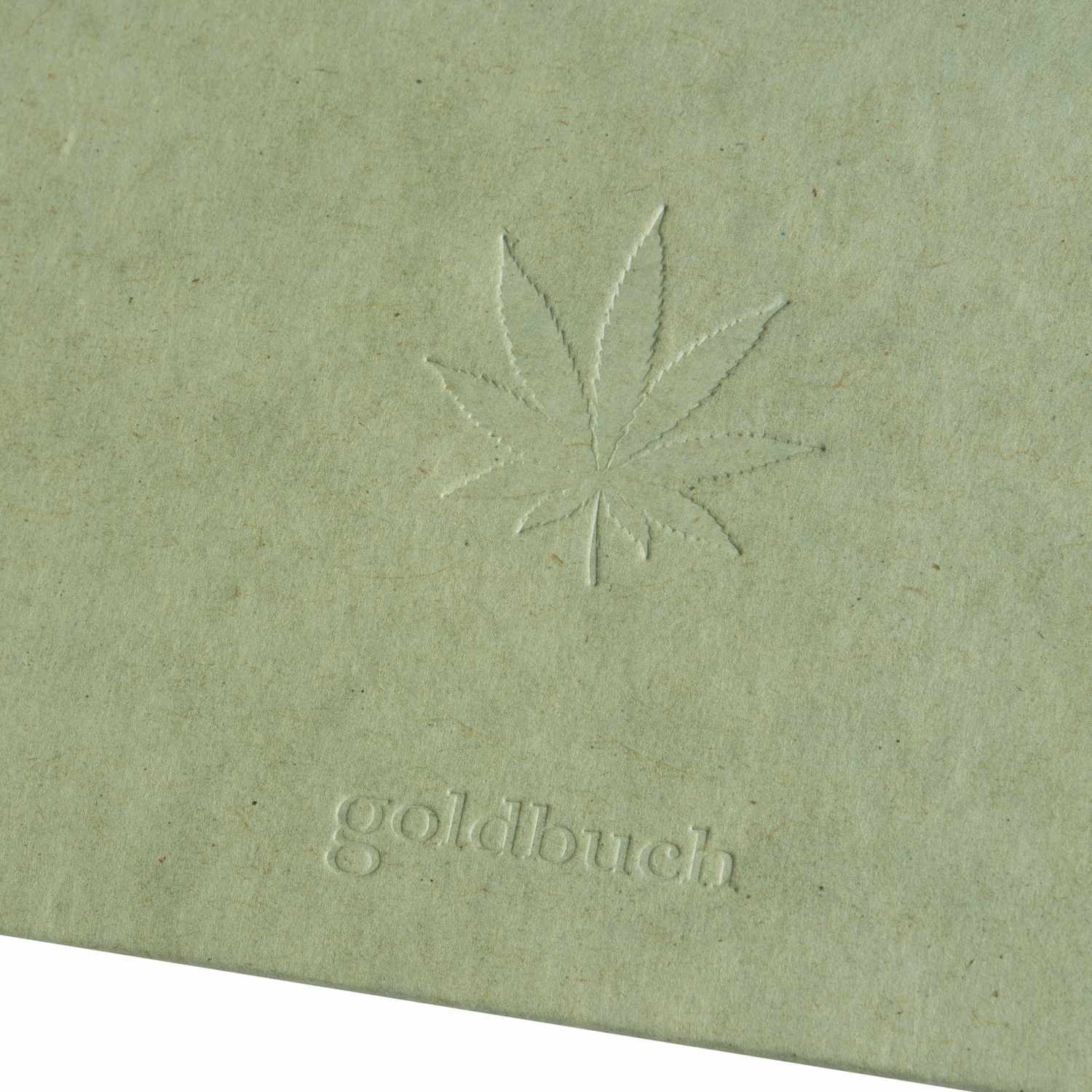 Leporello smoke green 15,5x19cm für 10 Fotos mit geprägtem Blattmotiv und goldbuch-Logo.