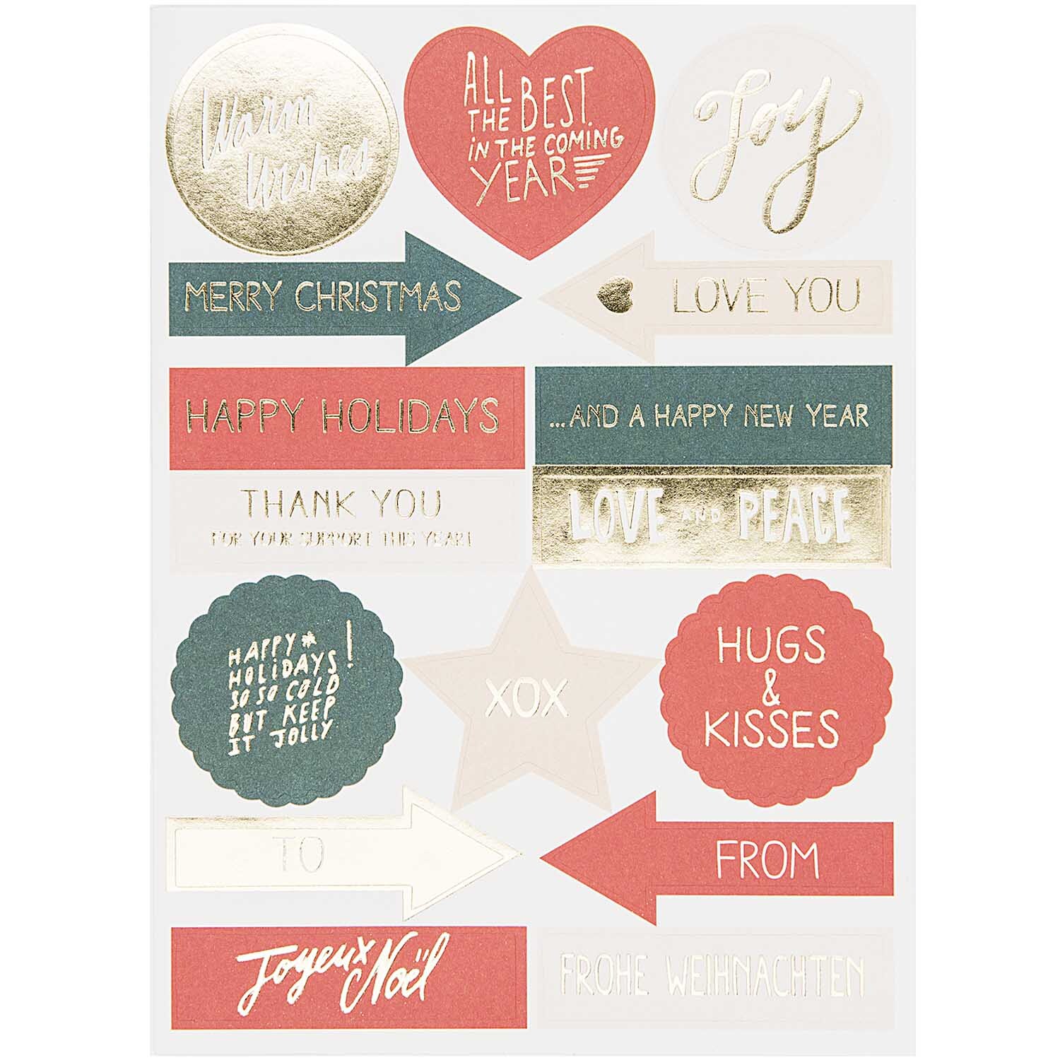 Paper Poetry Grußkartenset Jolly Christmas Classic mit festlichen Aufklebern in Rot und Gold von Rico Design, ideal für Weihnachtsgrüße.