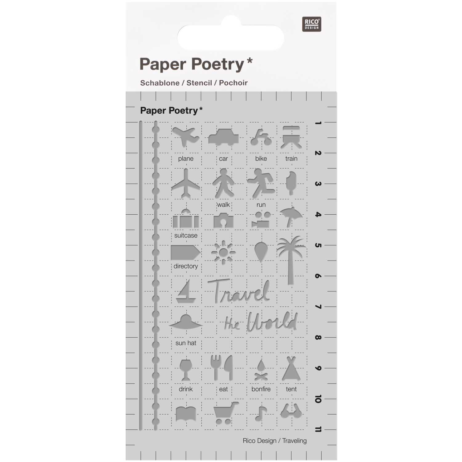 Paper Poetry Bullet Diary Schablone Travel 7x12cm zeigt Reisesymbole wie Flugzeug, Auto und Koffer. Ideal für kreative Projekte.