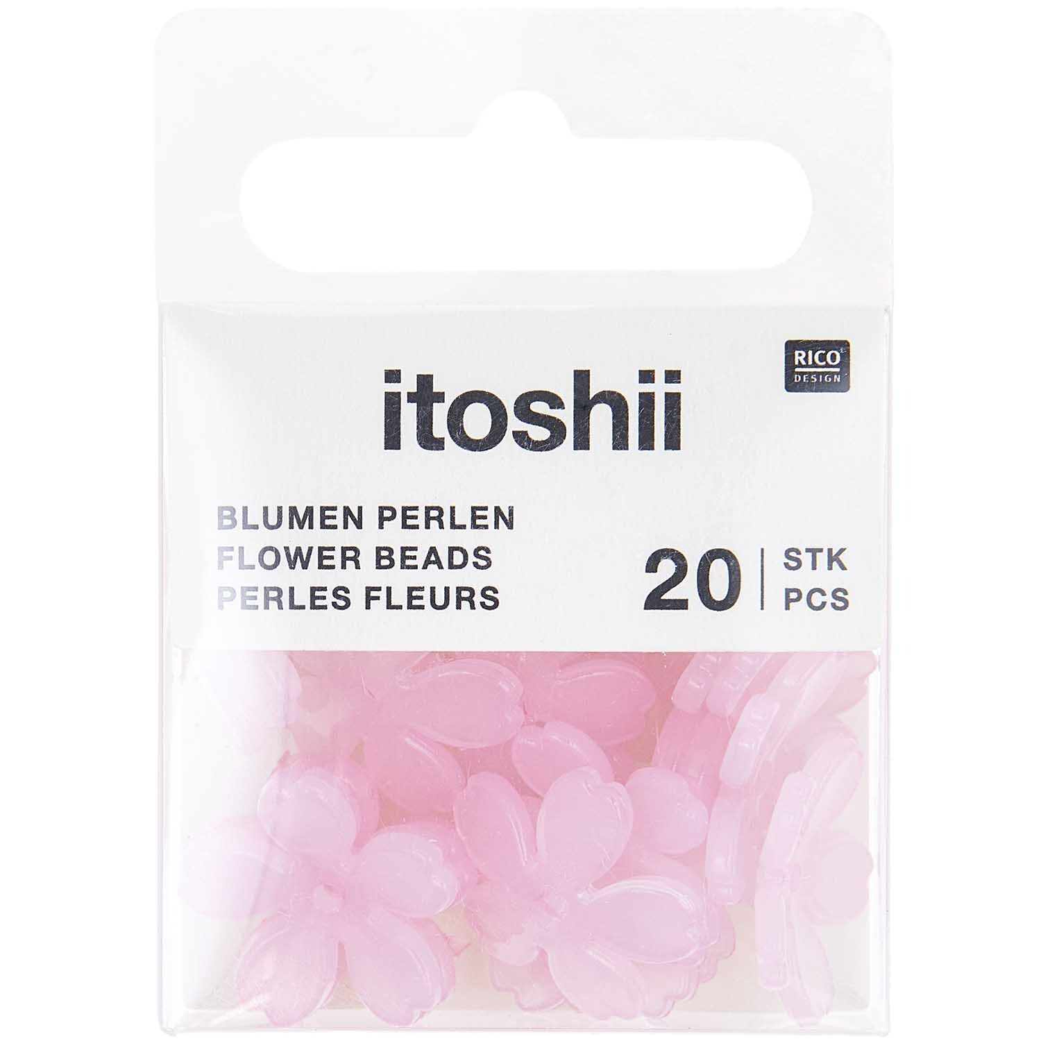 Itoshii Kirschblütenperlen in Rosa, 20 Stück, 18x18x4mm, von Rico Design, in einer transparenten Verpackung.