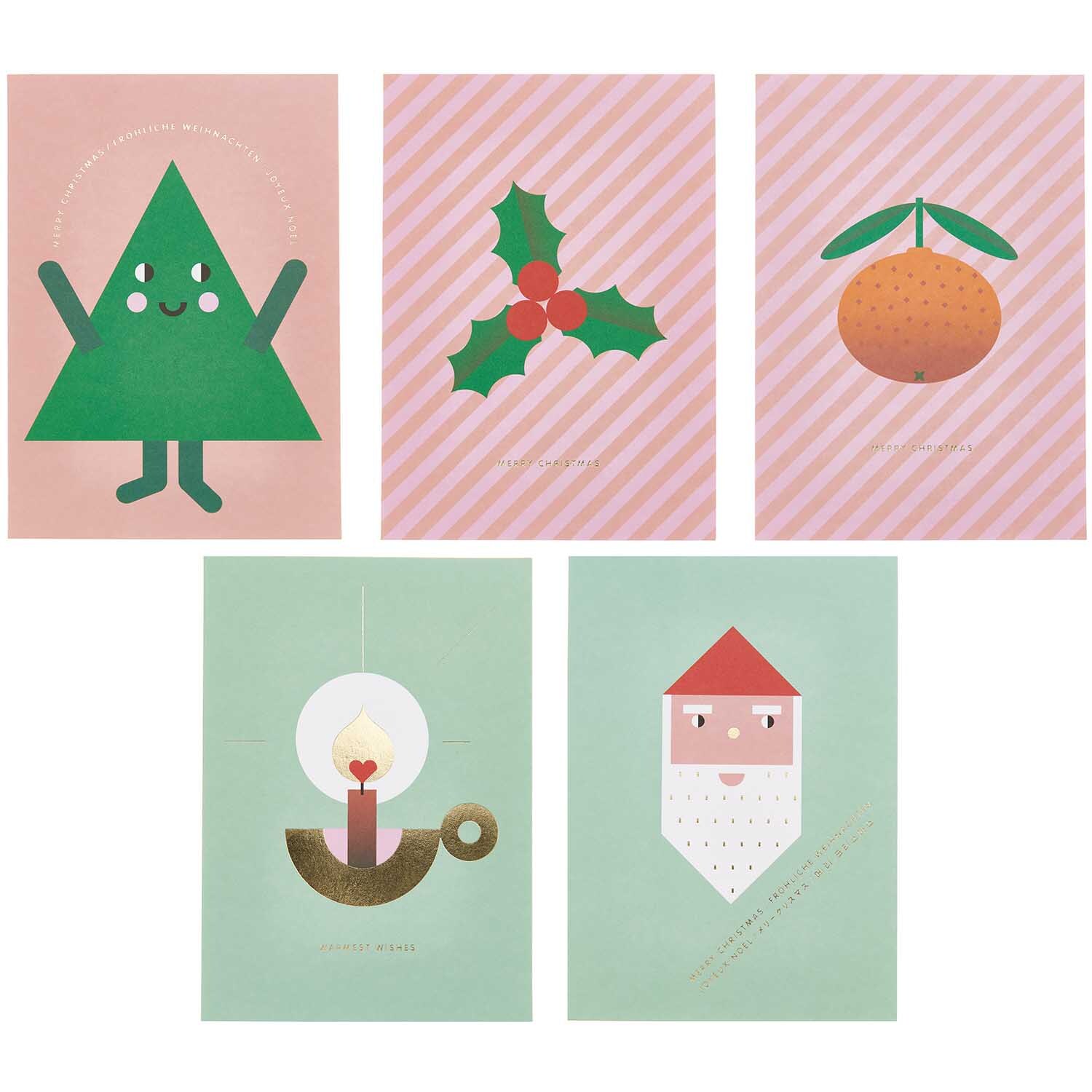 Paper Poetry Kartenset Merry Christmas B6: Fünf bunte Weihnachtskarten mit festlichen Motiven wie Tannenbaum und Weihnachtsmann.
