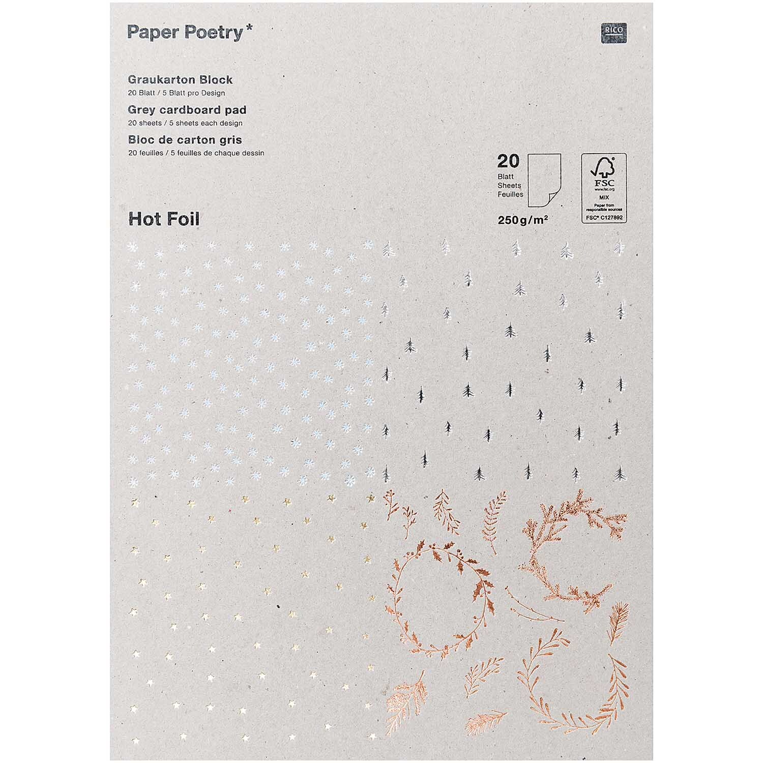 Paper Poetry Graukarton Block mit Hot Foil, 20 Blatt, 250g/m², zeigt elegante Muster in verschiedenen Farben. Ideal für kreative Projekte.