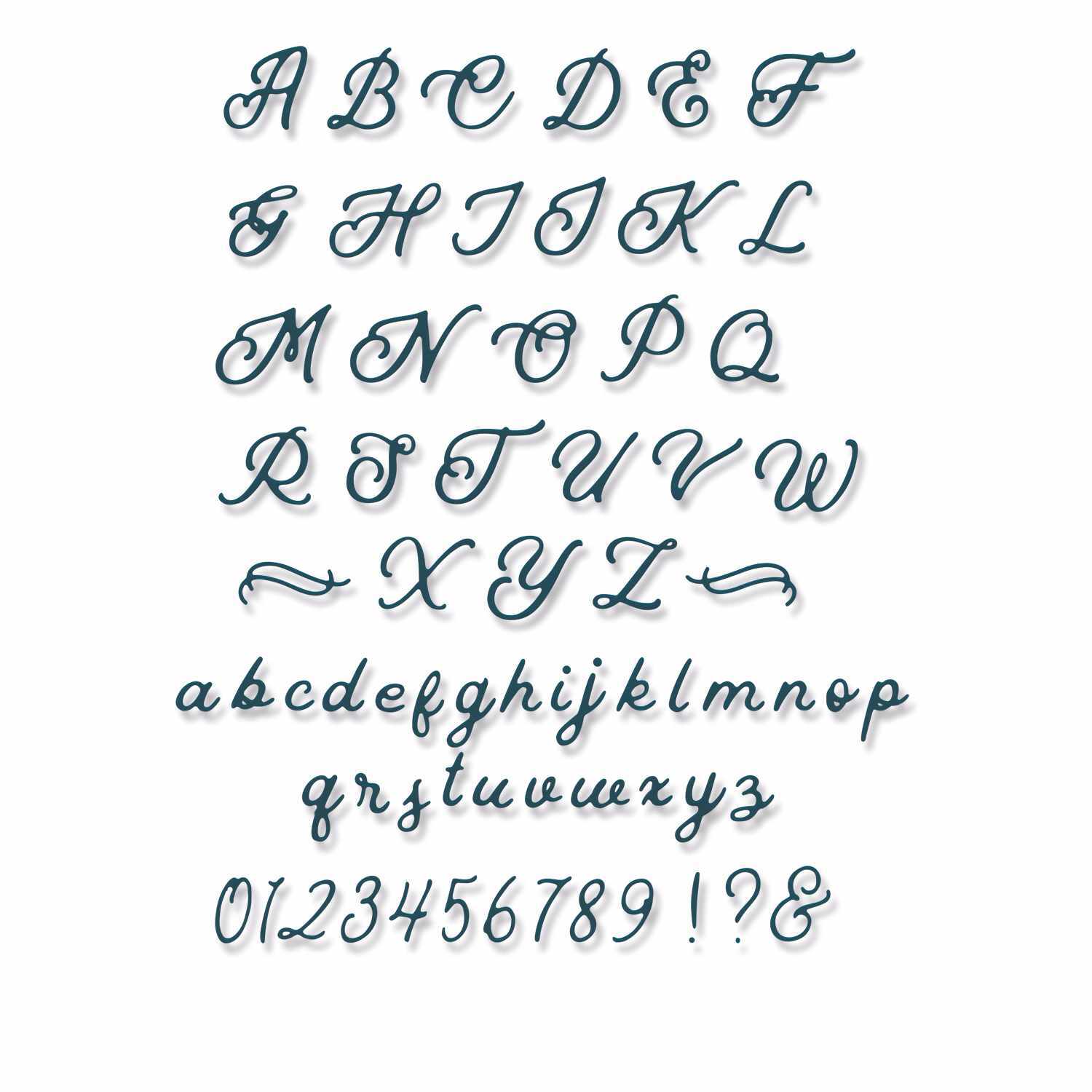 Thinlits Die Scripted Alphabet zeigt elegante Buchstaben und Zahlen in geschwungenem Design von Sizzix.