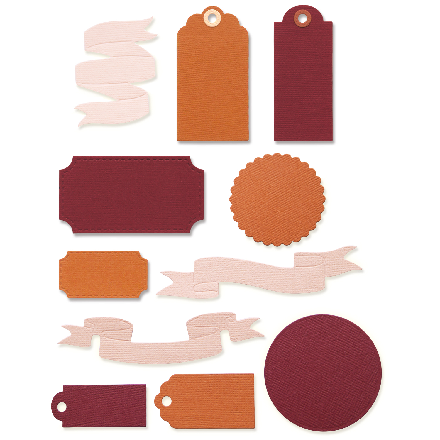 Thinlits Die Set Vintage & Banners 12PK zeigt farbige Papierformen in Rot, Orange und Rosa. Ideal für kreative Bastelprojekte.