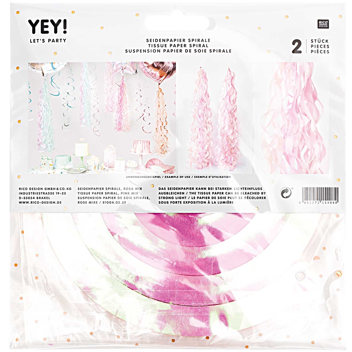 Seidenpapierspiralen 2 Stück 36 Lagen in Rosa Mix von Rico Design, dekorativ aufgehängt in einem Partyraum.