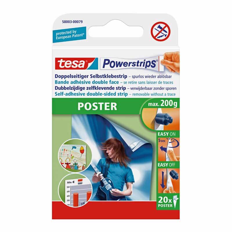 Powerstrips Poster 20 Stück von tesa, doppelseitige Klebestreifen, Verpackung in Weiß mit Anwendungsbildern.
