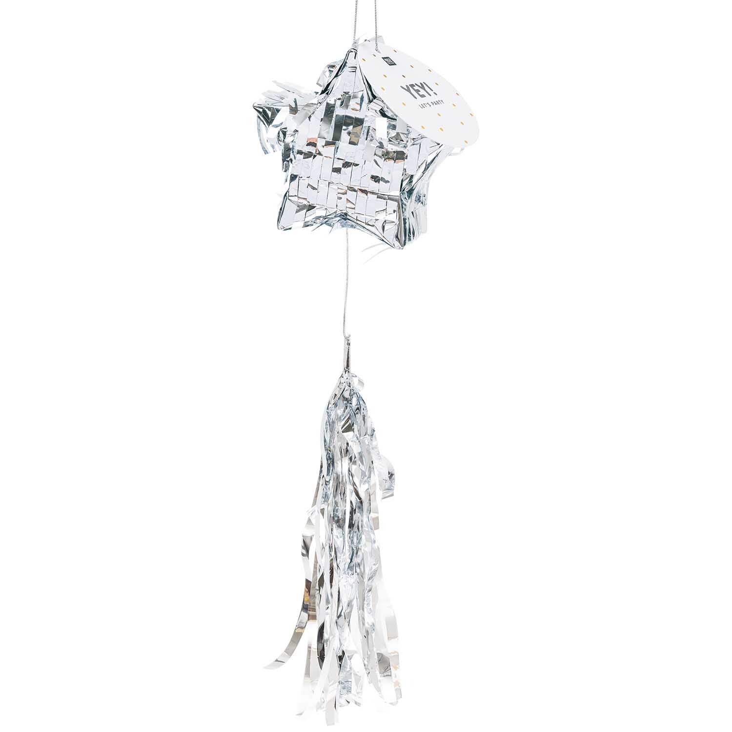 Mini-Pinata mit Quaste Stern in Silber von Rico Design, dekorativ hängend mit glänzenden Fransen.