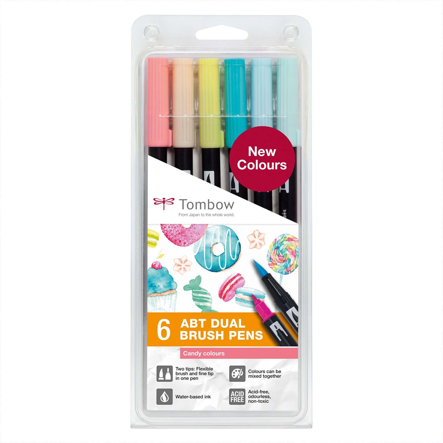 Bild zeigt das Tombow ABT Dual Brush Pen-Set in Candy Colours. Sechs Stifte in Pastellfarben sind in einer transparenten Verpackung sichtbar. Ideal für kreative Projekte mit wasserbasierter Tinte.
