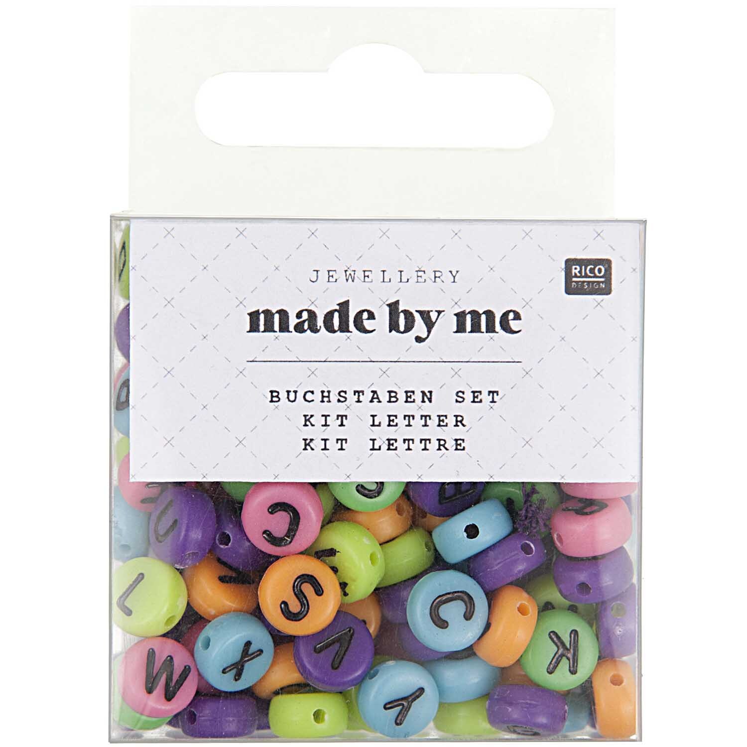 Buchstaben Perle rund mehrfarbig ca. 165 Stück von Rico Design: Bunte Perlen in einer Verpackung, ideal für kreative Schmuckprojekte.