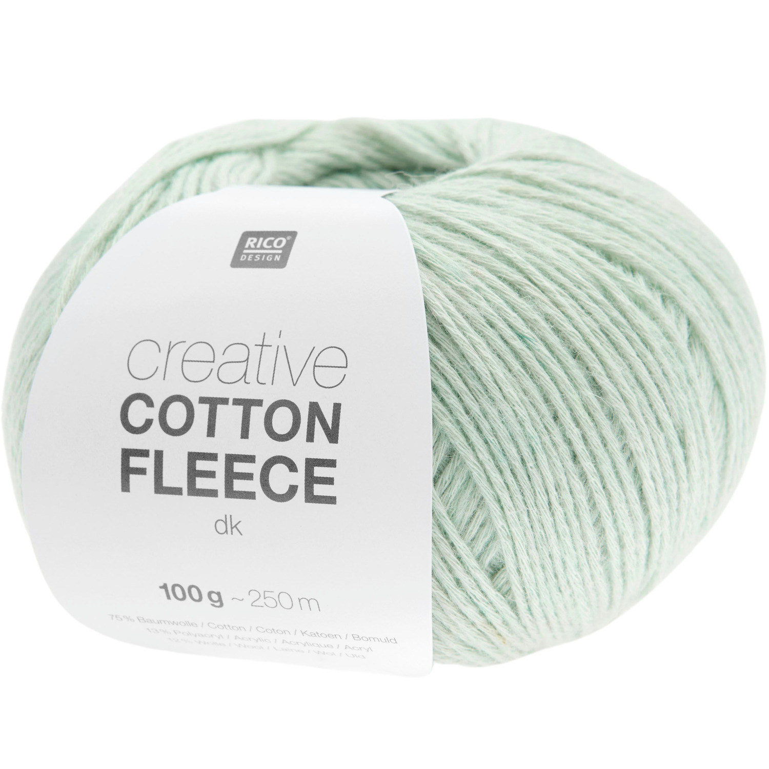 Creative Cotton Fleece dk Strickset Jacke in Mint von Rico Design, 100g, 250m, auf weißem Hintergrund.