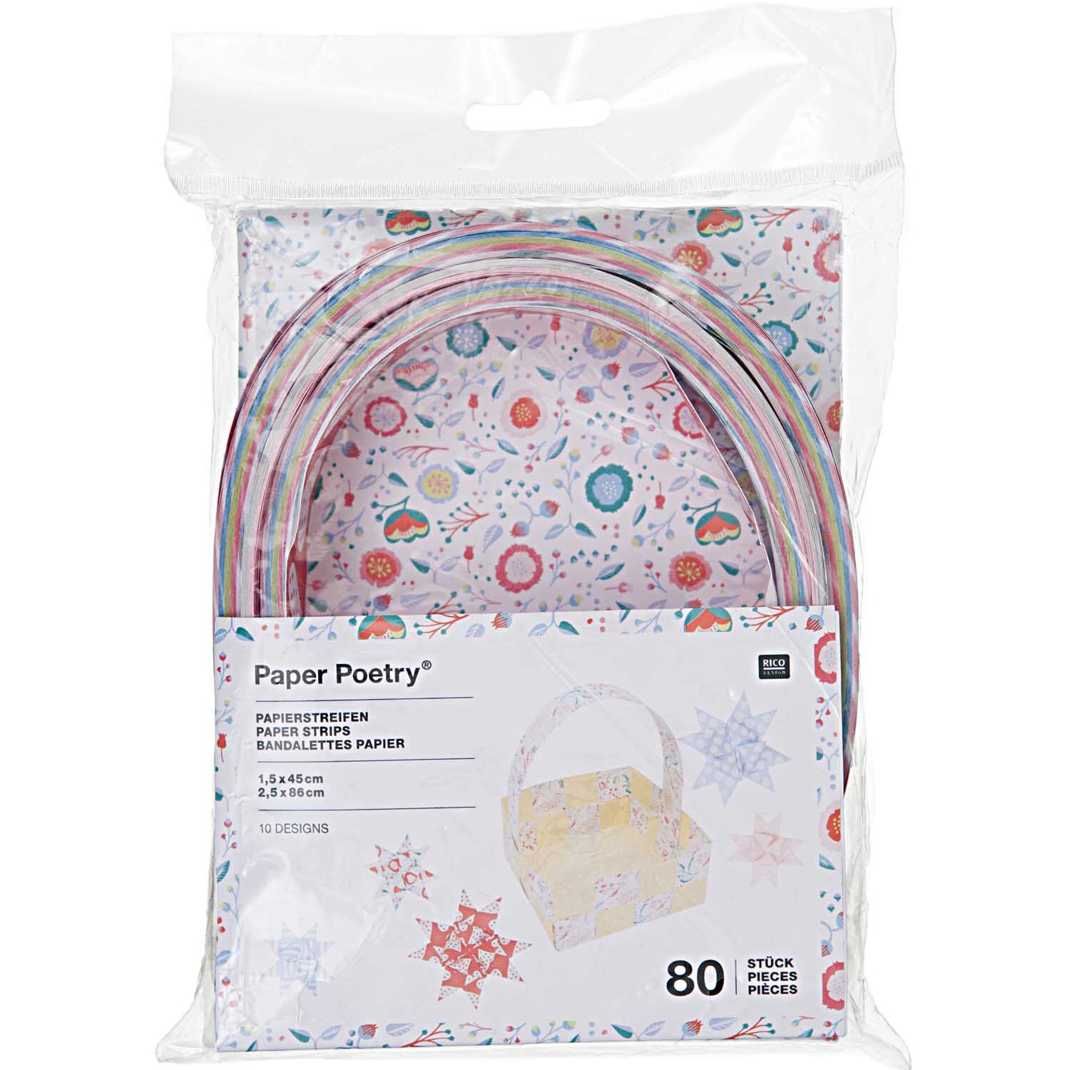 Paper Poetry Papierstreifen Romantic Flowers, 80 Stück, in einer transparenten Verpackung mit buntem Blumenmuster von Rico Design.