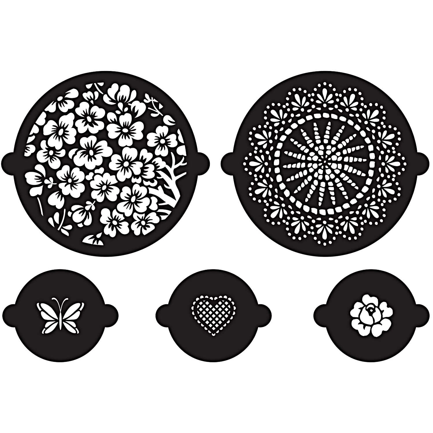 Kuchen- und Cupcake Schablonen Floral 5er Set mit floralen und herzförmigen Mustern von Rico Design.