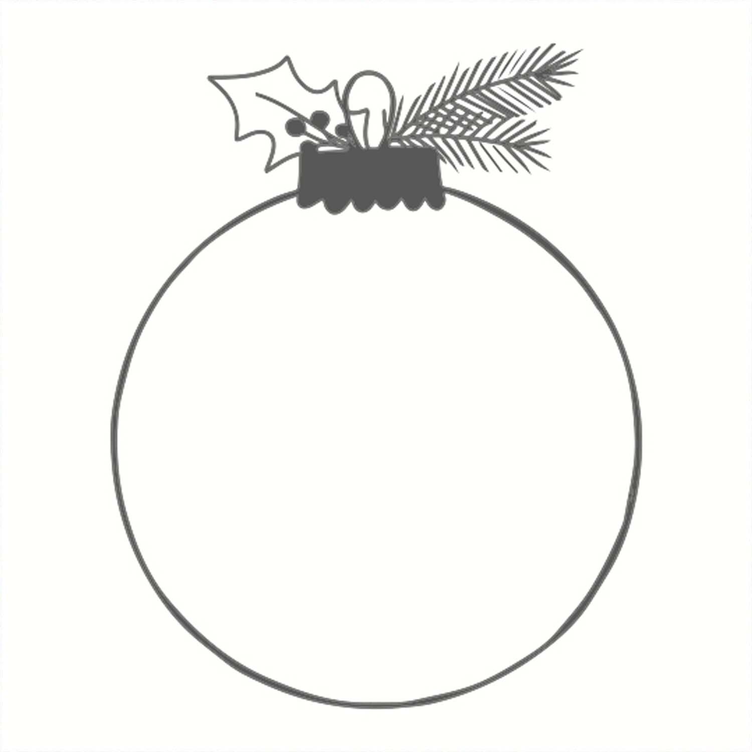Stempel von May&Berry in Weiß, zeigt eine Weihnachtskugel mit Stechpalmen- und Tannenzweigen. Perfekt für festliche Bastelprojekte. Produkt Vorderansicht, 45x45mm.