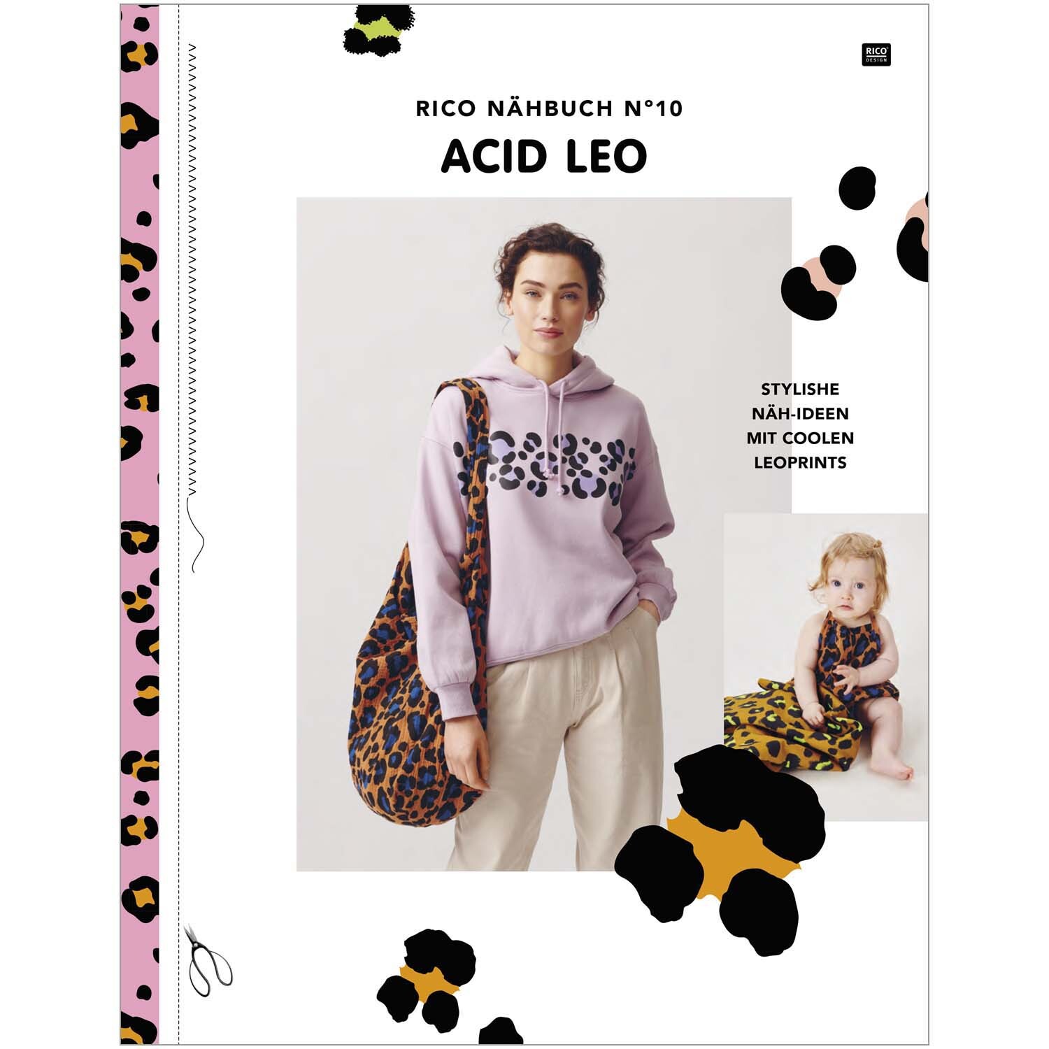 Das kleine Rico Nähbuch Acid Leo zeigt eine Frau in lila Hoodie mit Leo-Tasche und ein Baby in Leo-Outfit. Ideal für kreative Nähideen.