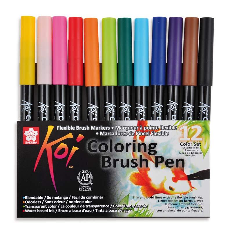 Coloring Brush Pen, 12-teiliges Set von Koi, zeigt eine Auswahl an flexiblen, mehrfarbigen Stiften. Ideal für kreative Projekte.