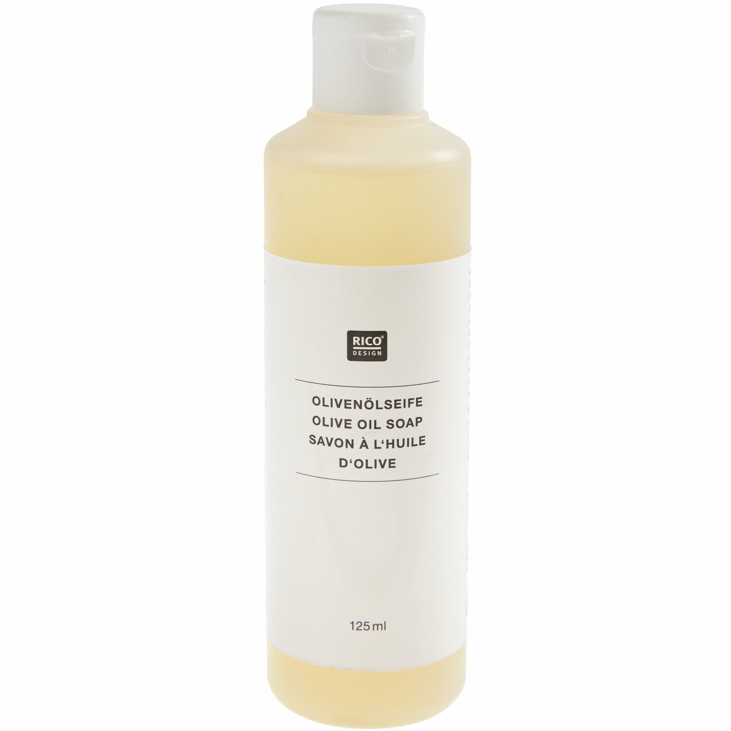 Olivenölseife 125ml von Rico Design in einer transparenten Flasche mit weißem Etikett, ideal für natürliche Pflege.
