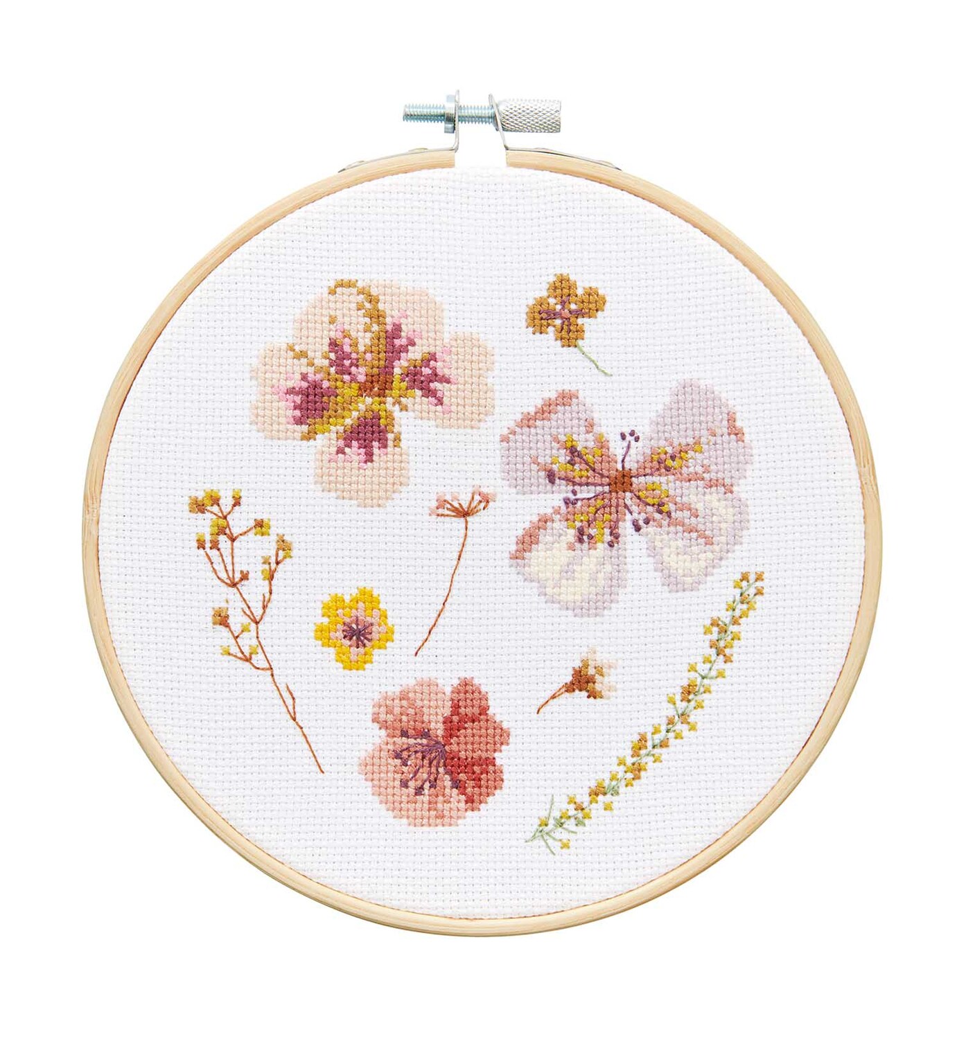Stickpackung Trockenblüten Bild: Runde Stickerei mit zarten Blütenmotiven in Pastelltönen, Ø 15cm.