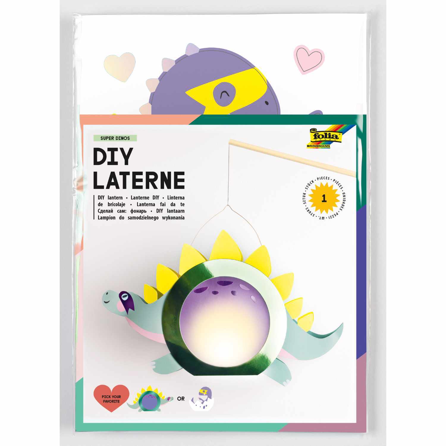 Bastelset Laterne Super Dinos: DIY-Laterne mit buntem Dinosaurier-Design und Herzmotiven.