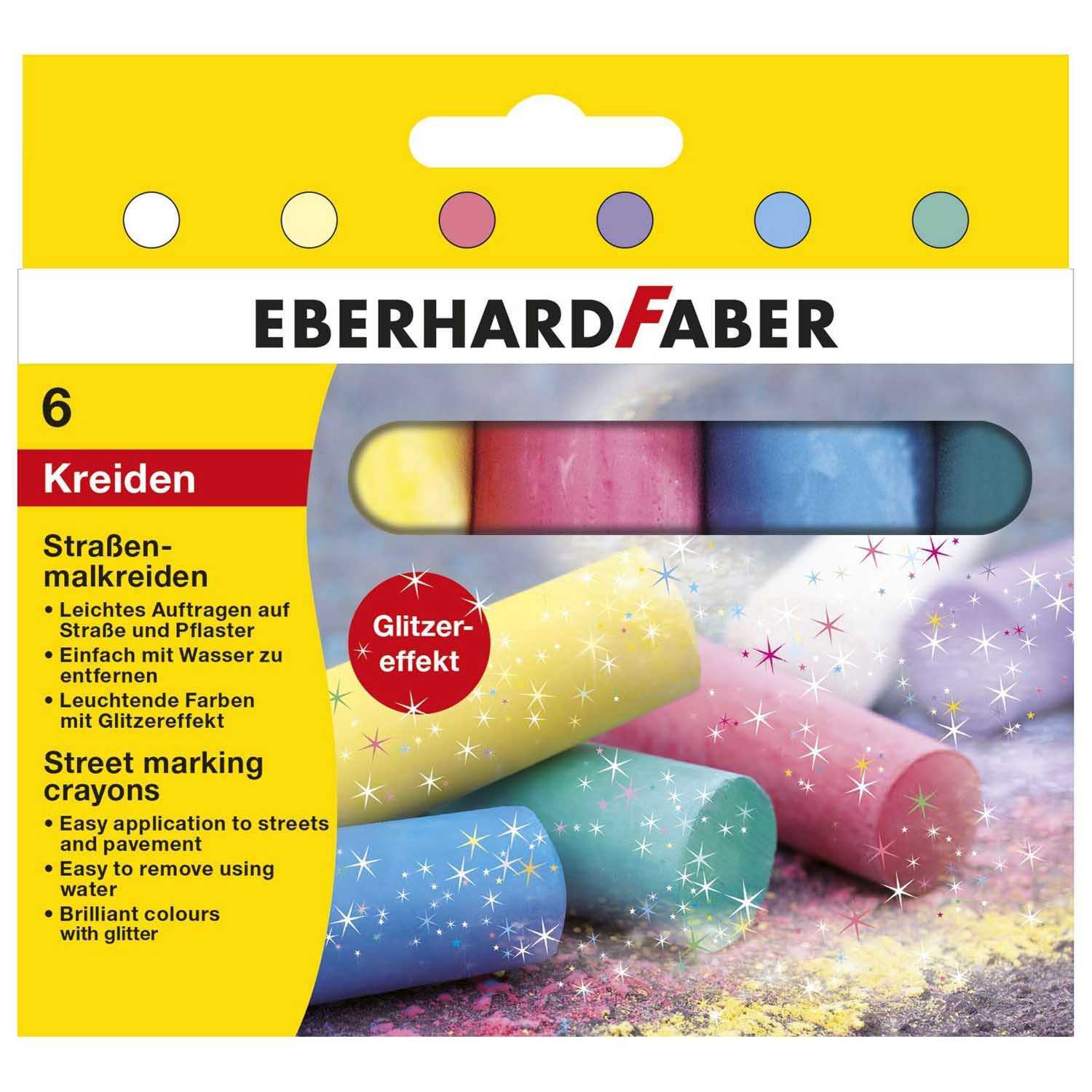 Straßenmalkreide Glitzer 6 Stück von Eberhard Faber, leuchtende Kreiden mit Glitzereffekt auf Pflaster.