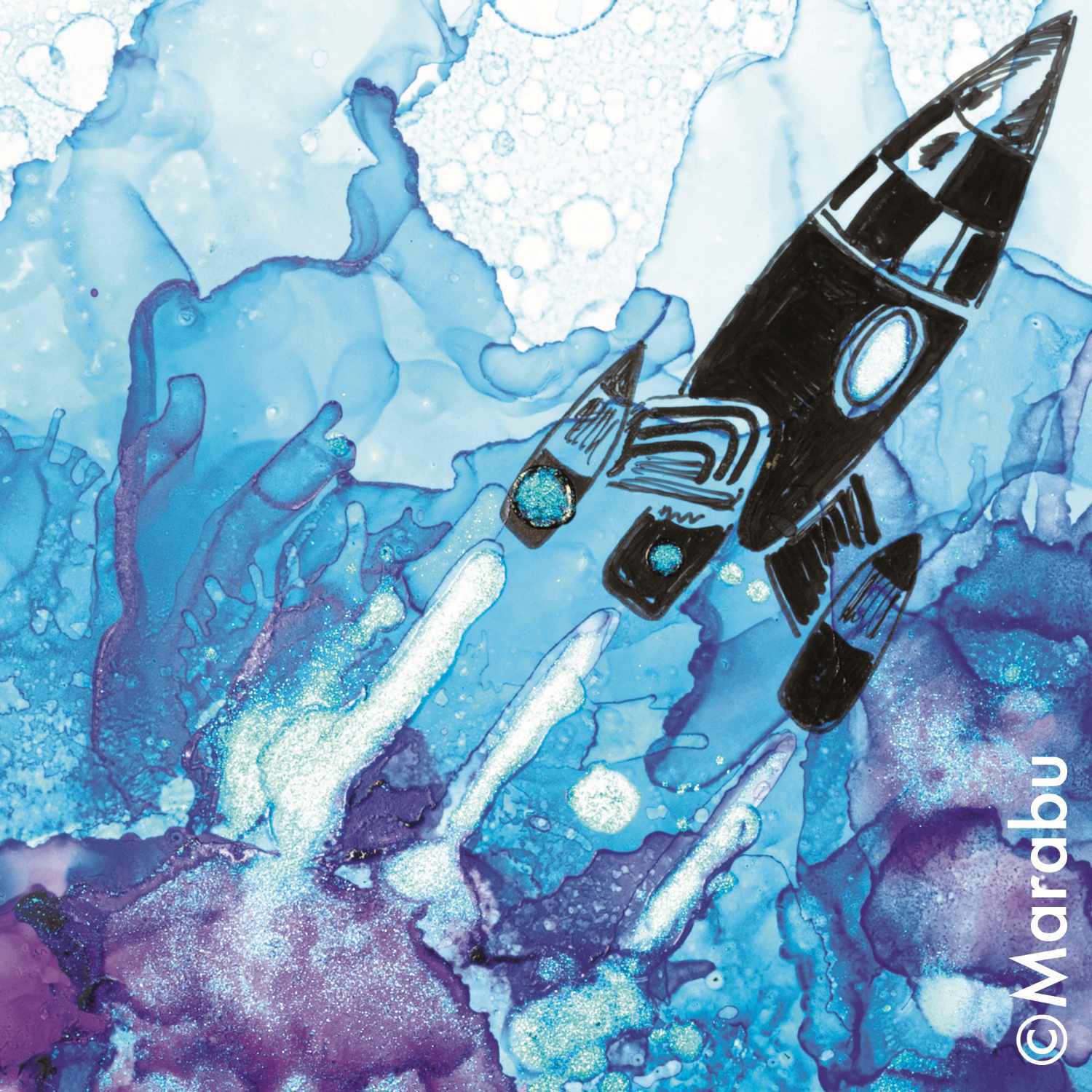 Alcohol Ink Set Underwater: Rakete fliegt durch blaue Tintenwellen, dynamisches Design von Marabu.