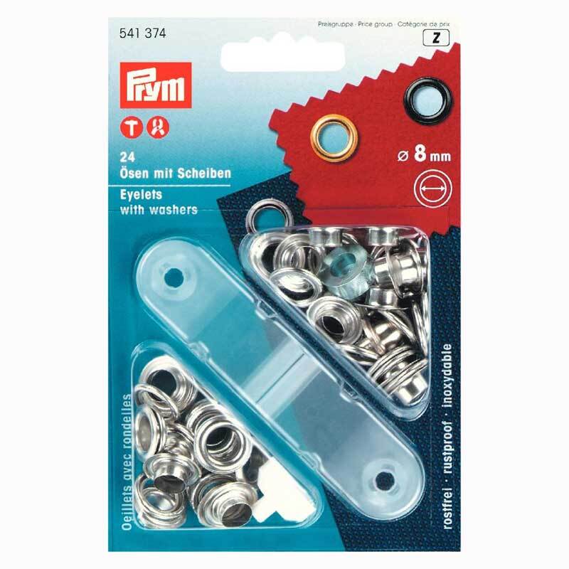 Ösen mit Scheiben silber 8mm 24 Stück von Prym in einer blauen Verpackung mit transparentem Deckel.