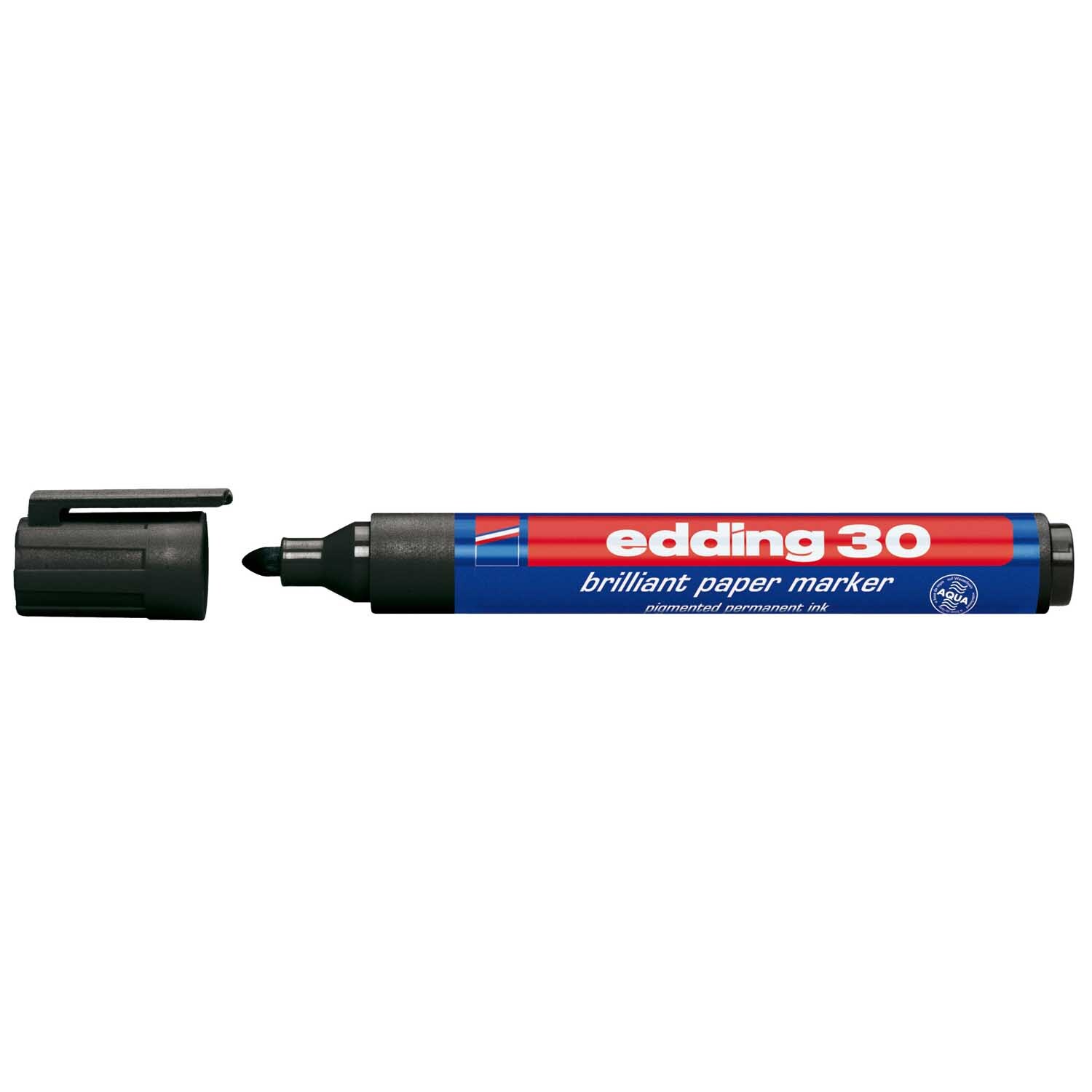 30 brilliant papermarker schwarz 1,5-3mm von edding, abgebildet mit abgenommenem Deckel auf schwarzem Hintergrund.