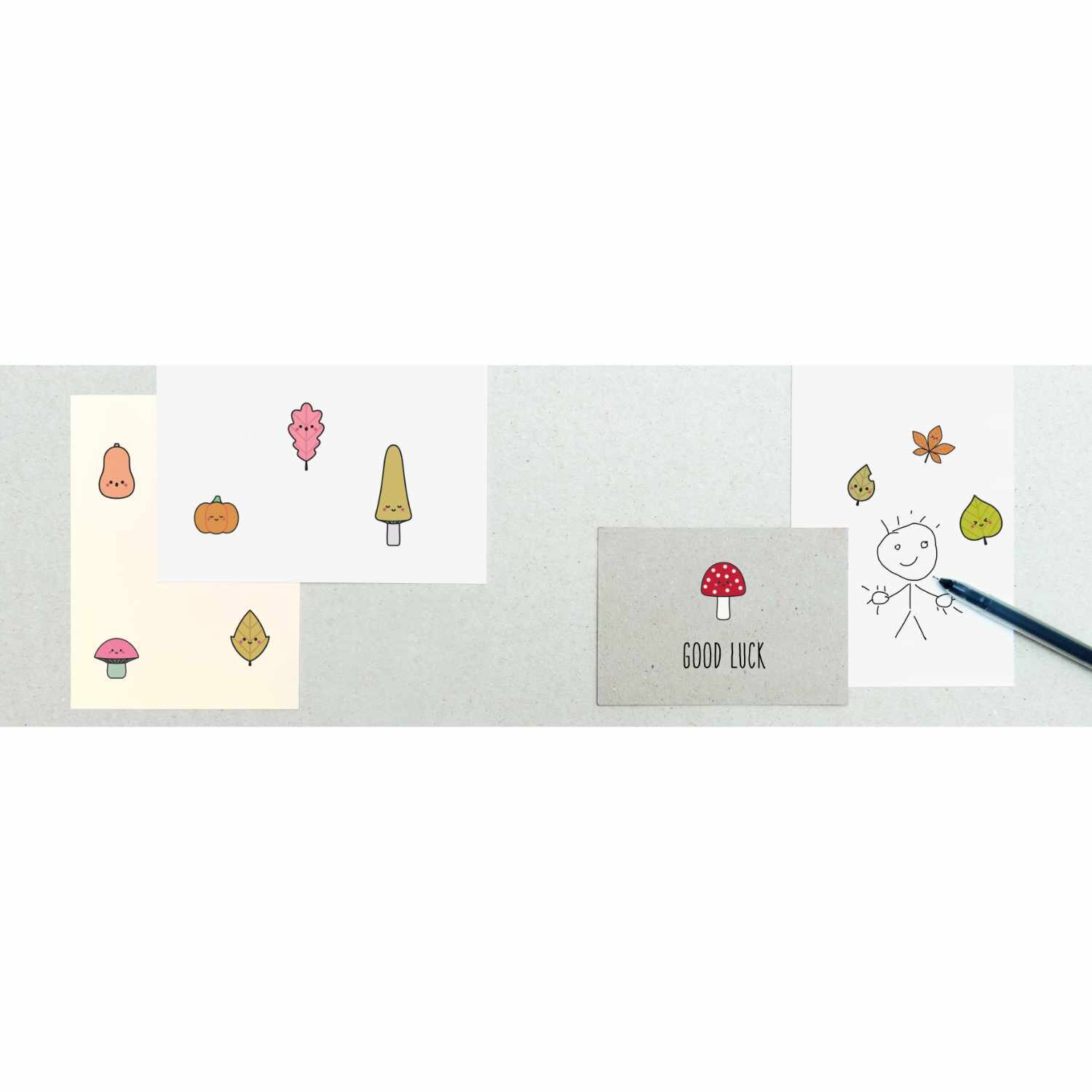 Washi Sticker Funny Fall 200 Stück von Rico Design mit herbstlichen Motiven wie Pilzen und Blättern auf Karten. Ideal für kreative Bastelprojekte.