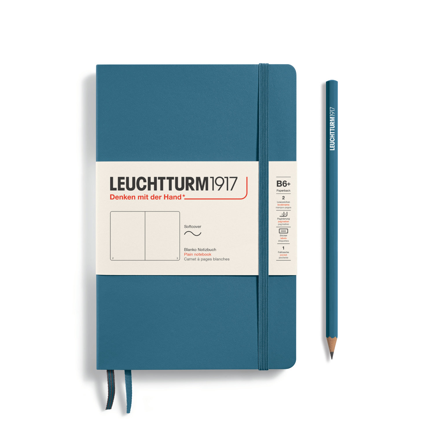 Notizbuch Paperback blanko Softcover B6 in Stone Blue mit elastischem Verschlussband und passendem Bleistift. Ideal für Notizen und Skizzen.