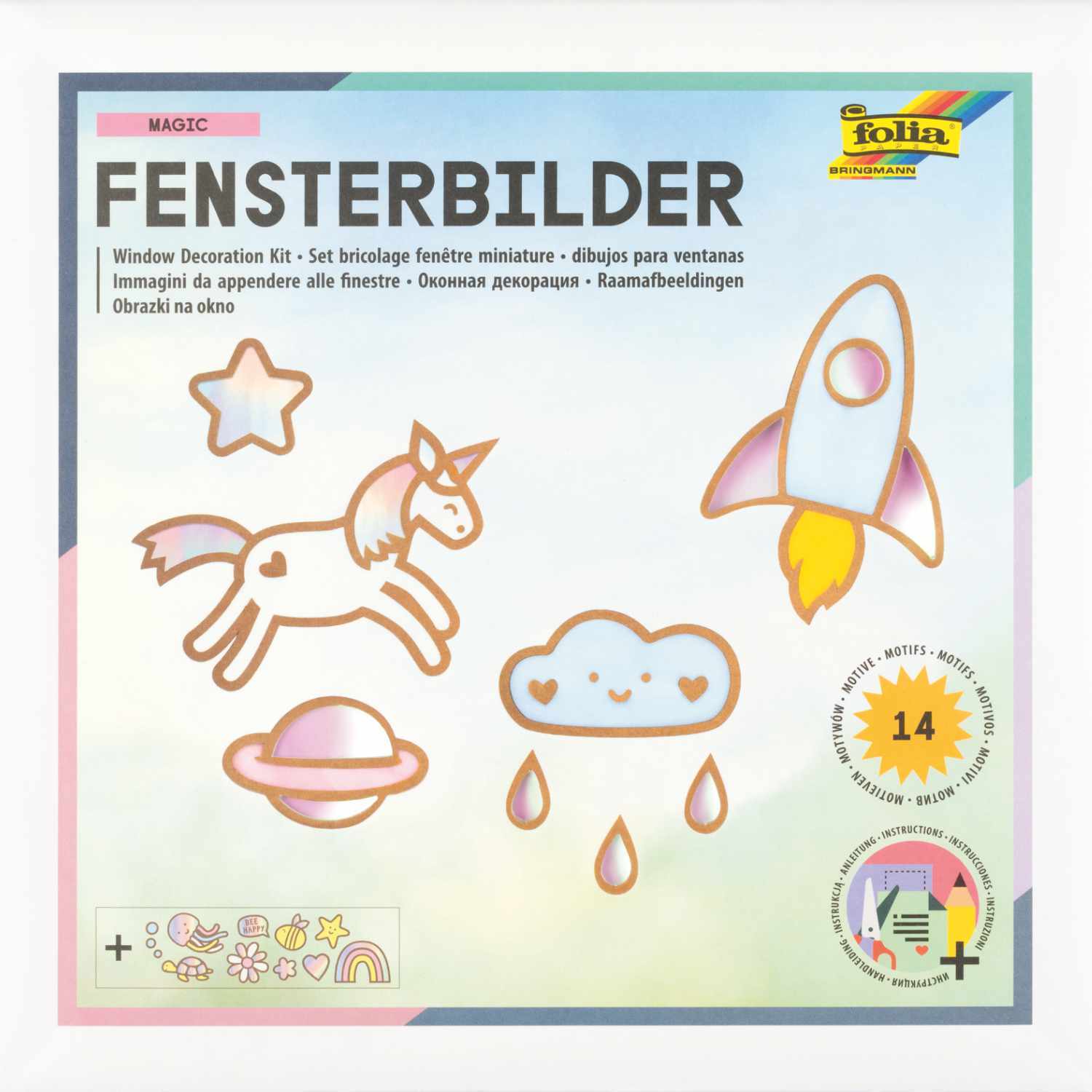 Fensterbilder MAGIC 14 Motive: Einhorn, Rakete und Wolke als bunte Fensterdekoration von folia. Ideal für kreative Gestaltung.