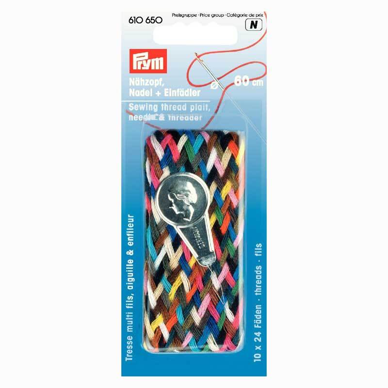 Nähzopf mit Einfädler und Nadel, mehrfarbig, von Prym, in Verpackung mit sichtbaren bunten Fäden.
