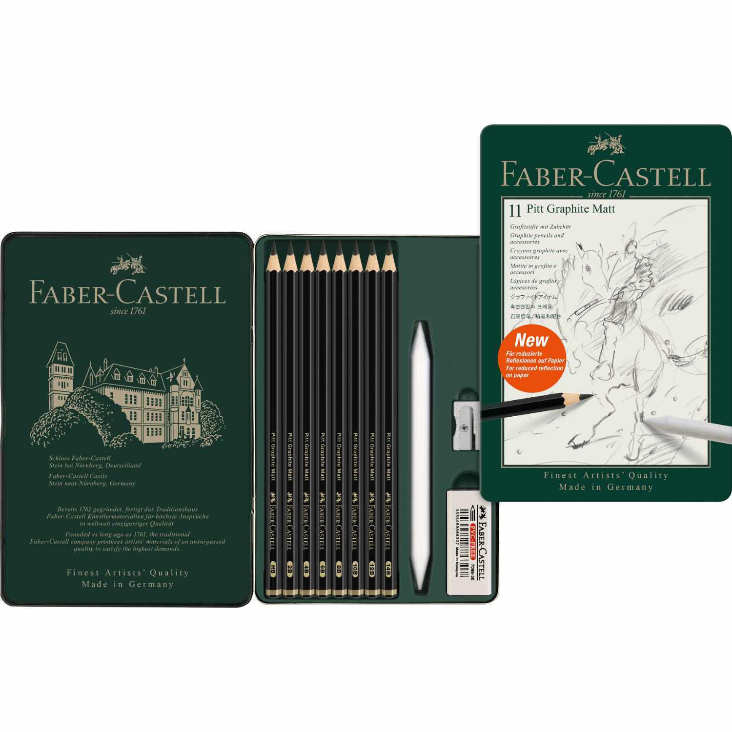 Bleistifte Pitt Graphite Matt in einer eleganten, dunkelgrünen Faber Castell Box, 11-teiliges Set.