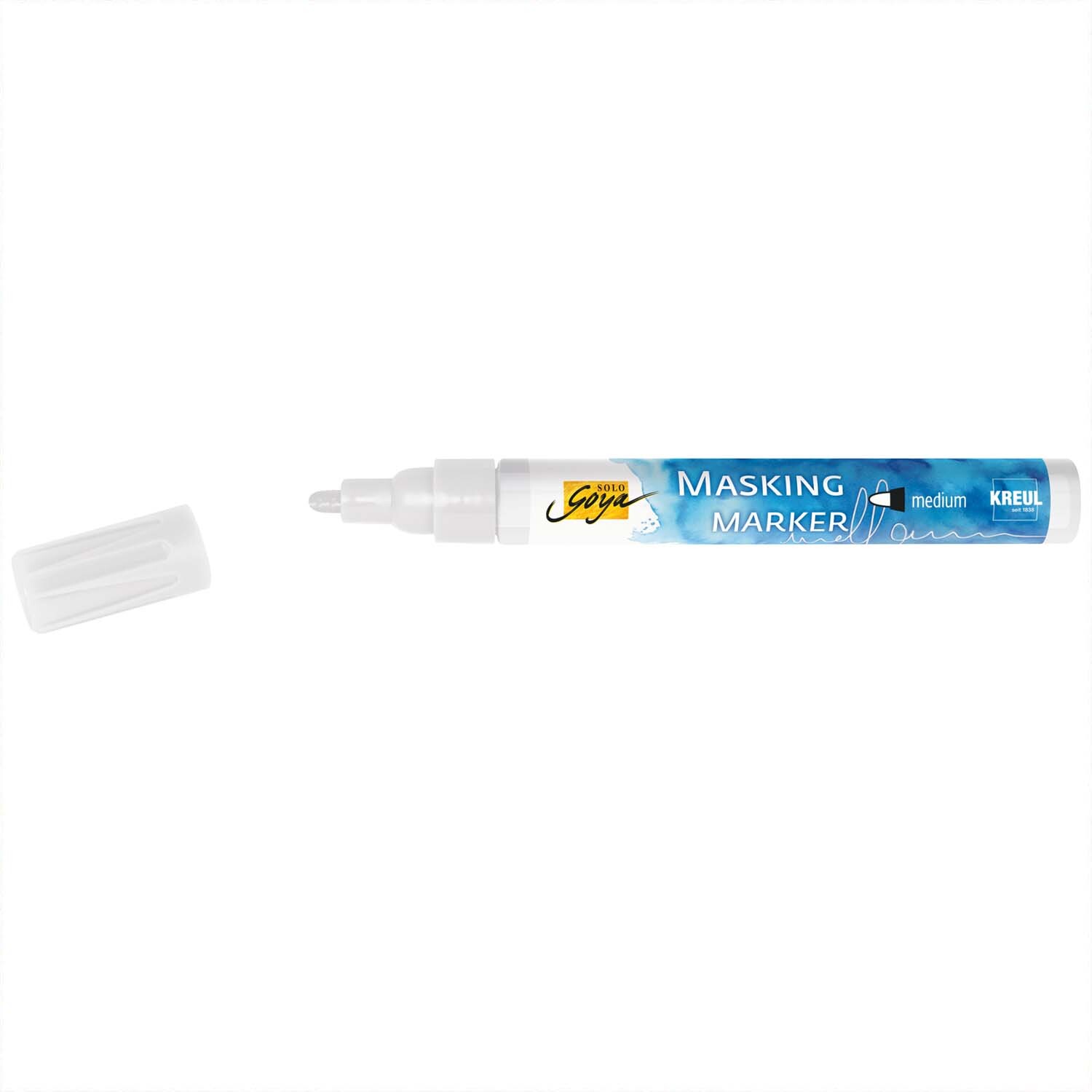 Solo Goya Masking Marker medium 2-4mm von KREUL, weißer Marker mit abnehmbarem Deckel auf weißem Hintergrund.