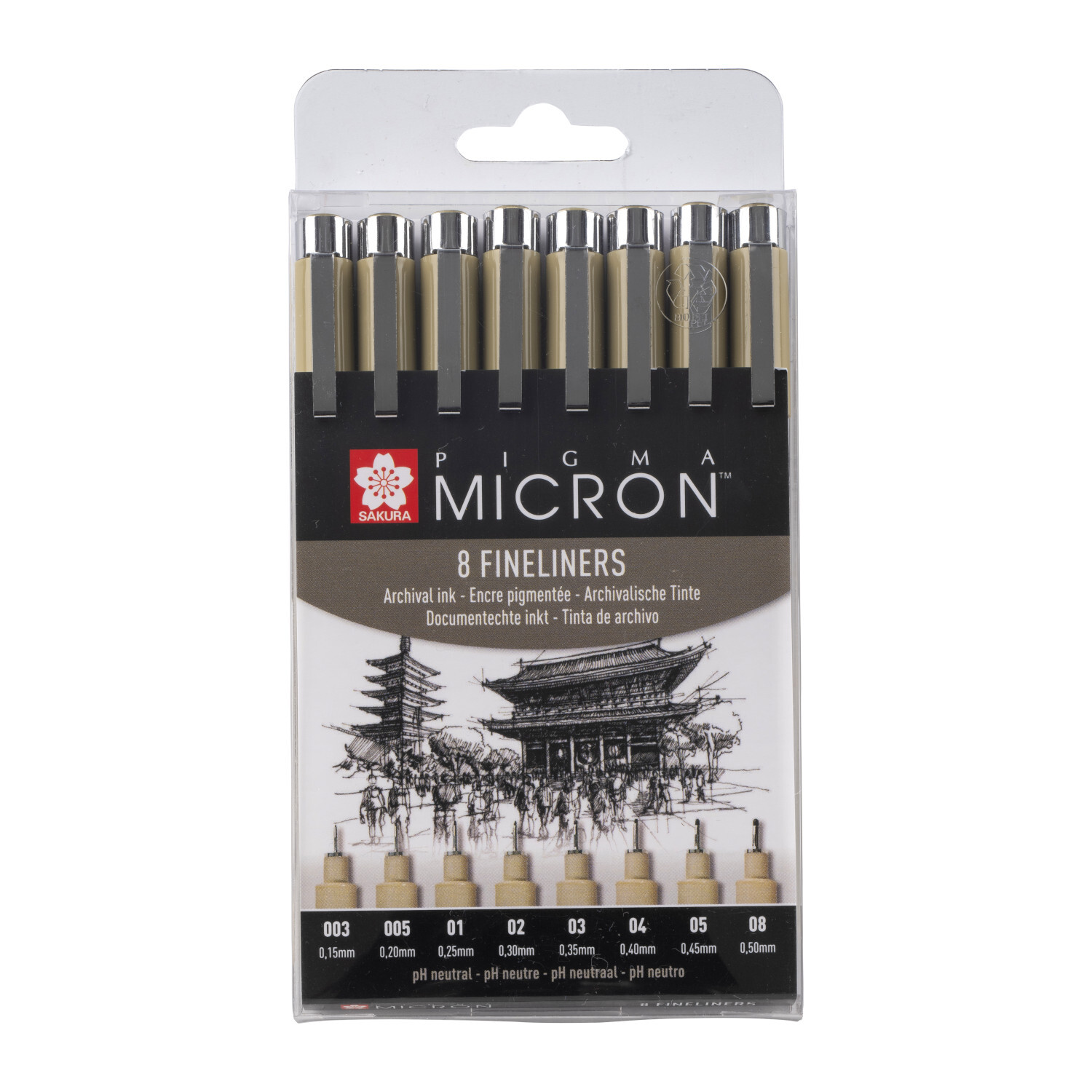 Pigment Liner Sakura Pigma Micron Fineliner Set mit 8 schwarzen Stiften in einer transparenten Verpackung. Ideal für präzises Zeichnen.
