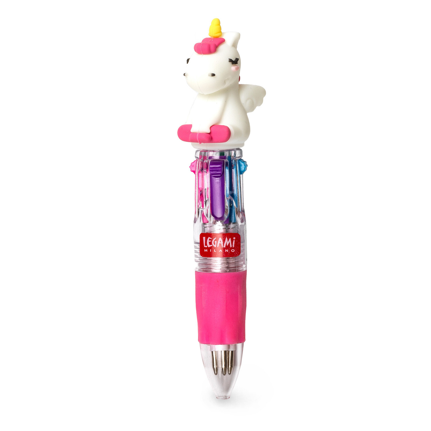 Mini Magic Kugelschreiber Einhorn 4 Farben mit Einhorn-Design, pinkem Griff und Legami-Logo.