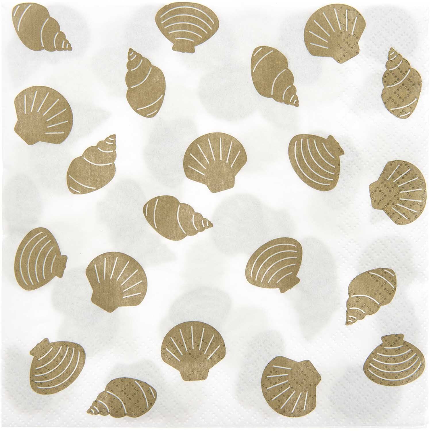 Servietten Muscheln 33x33cm 20 Stück mit goldenen Muschelmotiven auf weißem Hintergrund von Rico Design. Ideal für maritime Tischdekorationen.