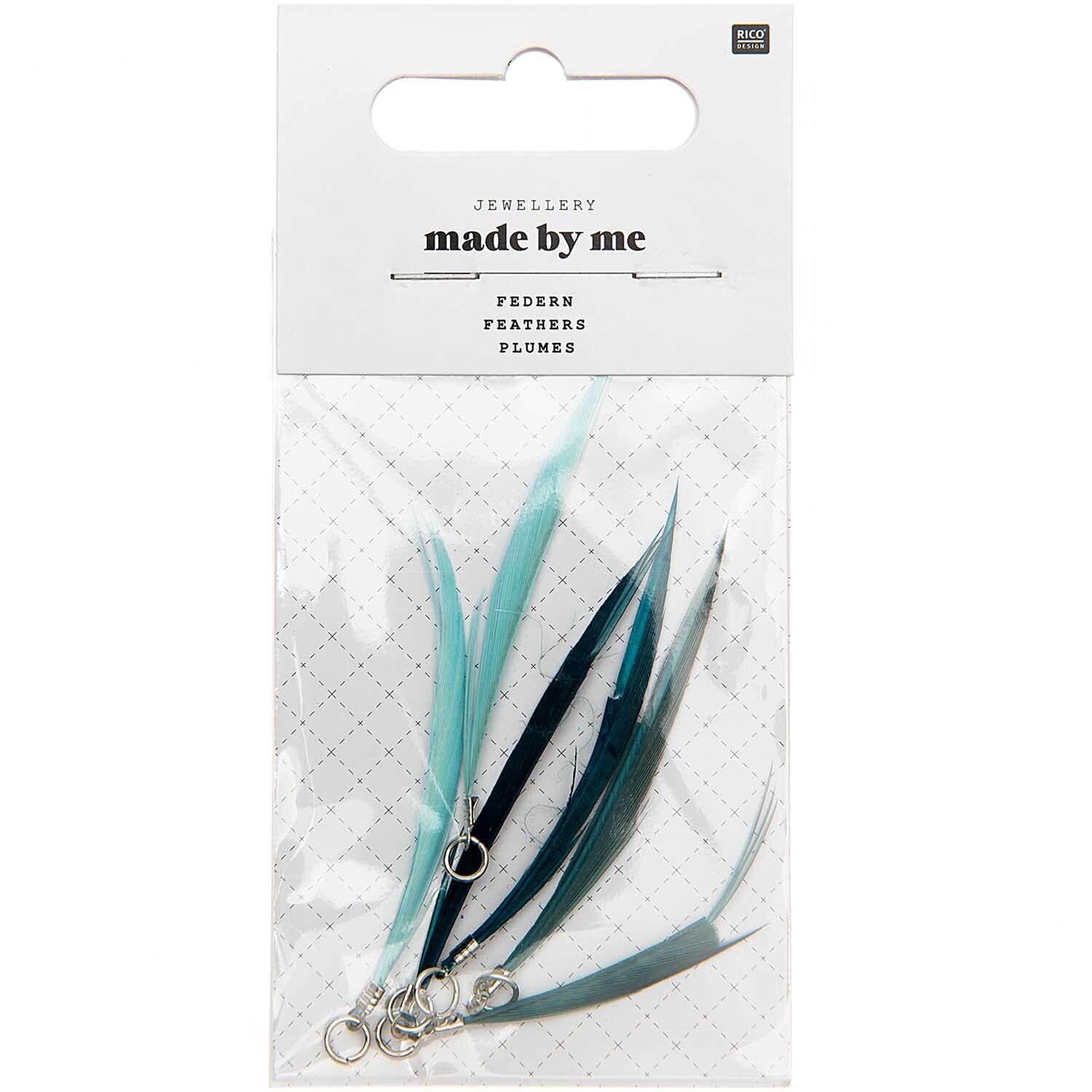 Federn mit Öse 6 Stück in türkis von Rico Design, ideal für Schmuckherstellung, in Verpackung.
