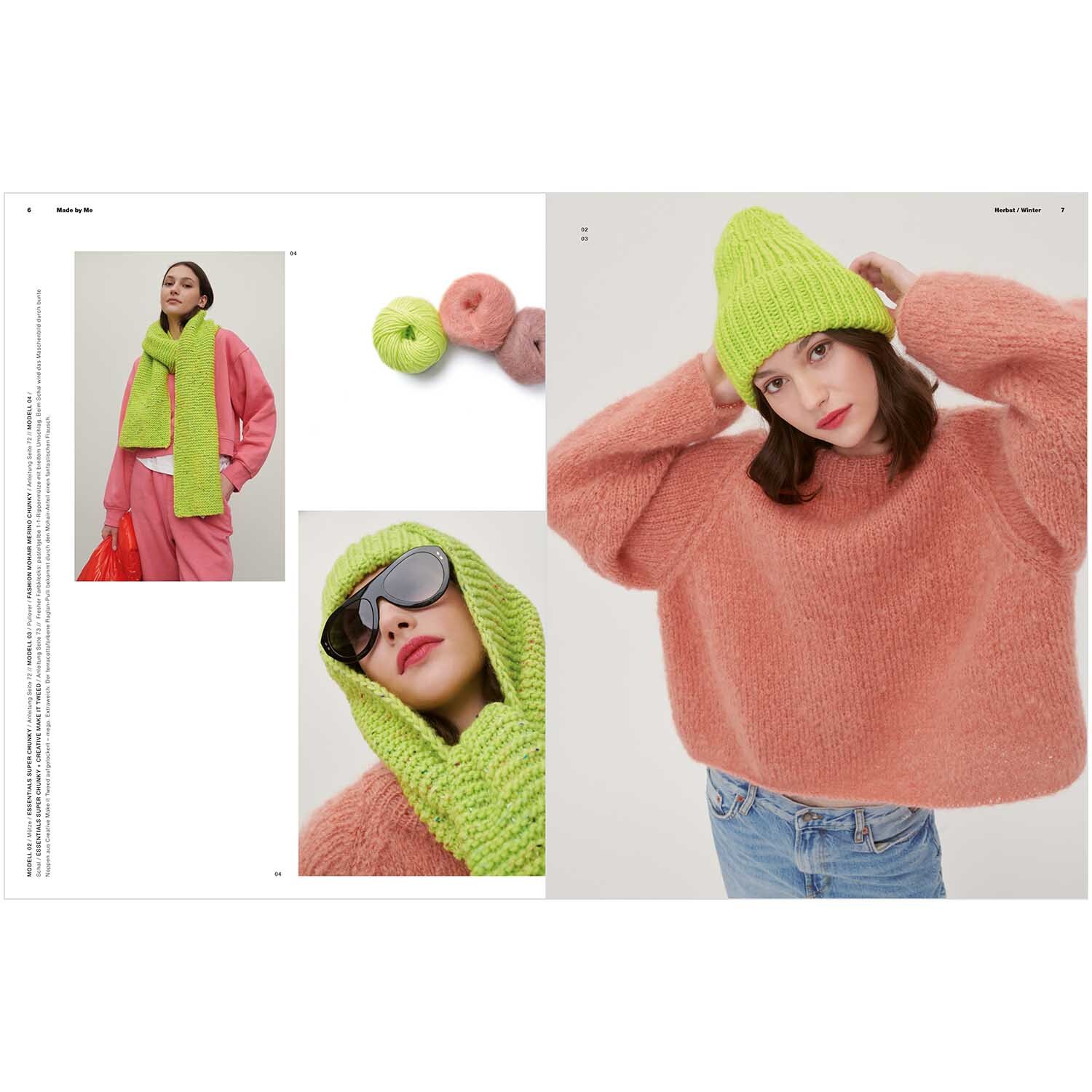 Made by Me Handknitting Nr.15 Herbst-Winter: Frau in rosa Pullover und grüner Mütze mit passendem Schal.