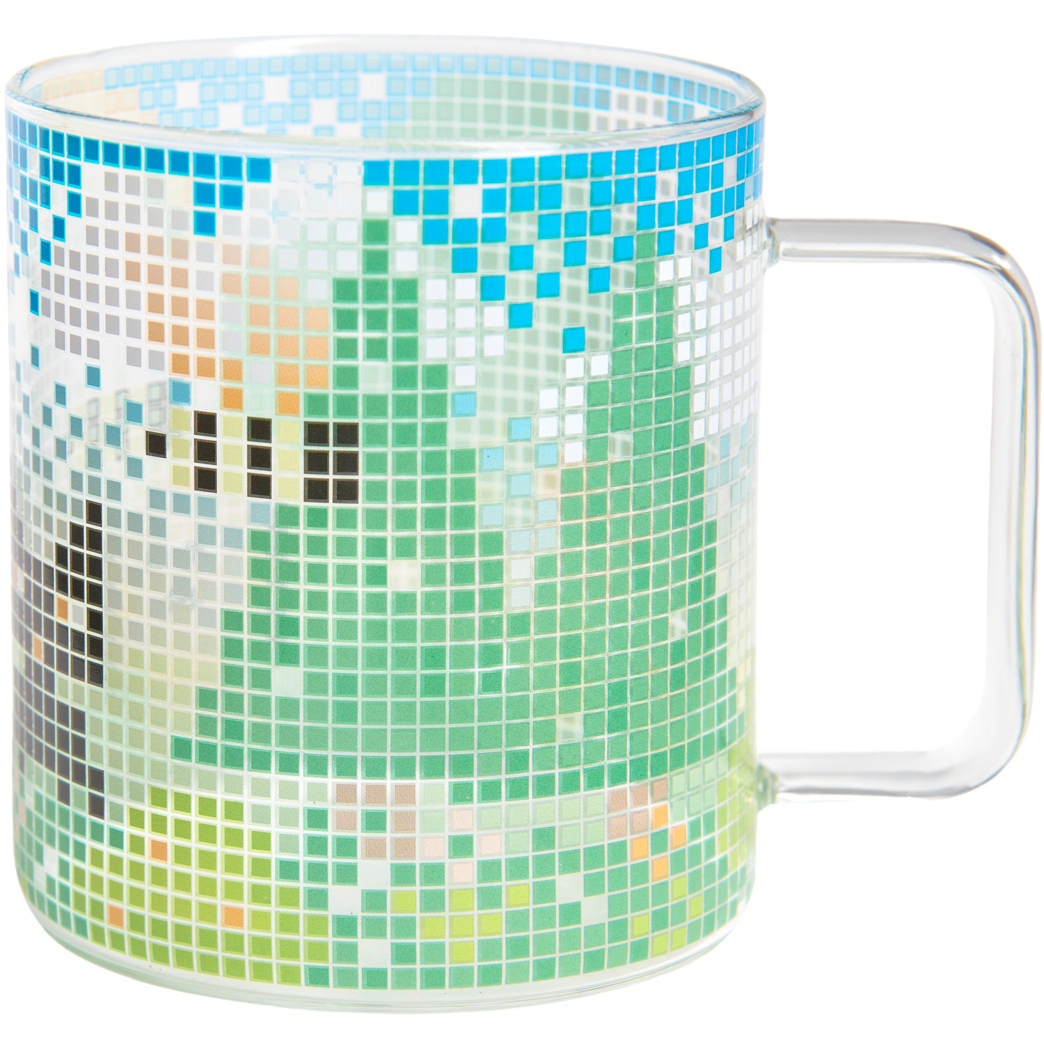 Glastasse Landscape Pixel von Rico Design mit pixelartiger Landschaft in Grün- und Blautönen, Ø8,5cm.