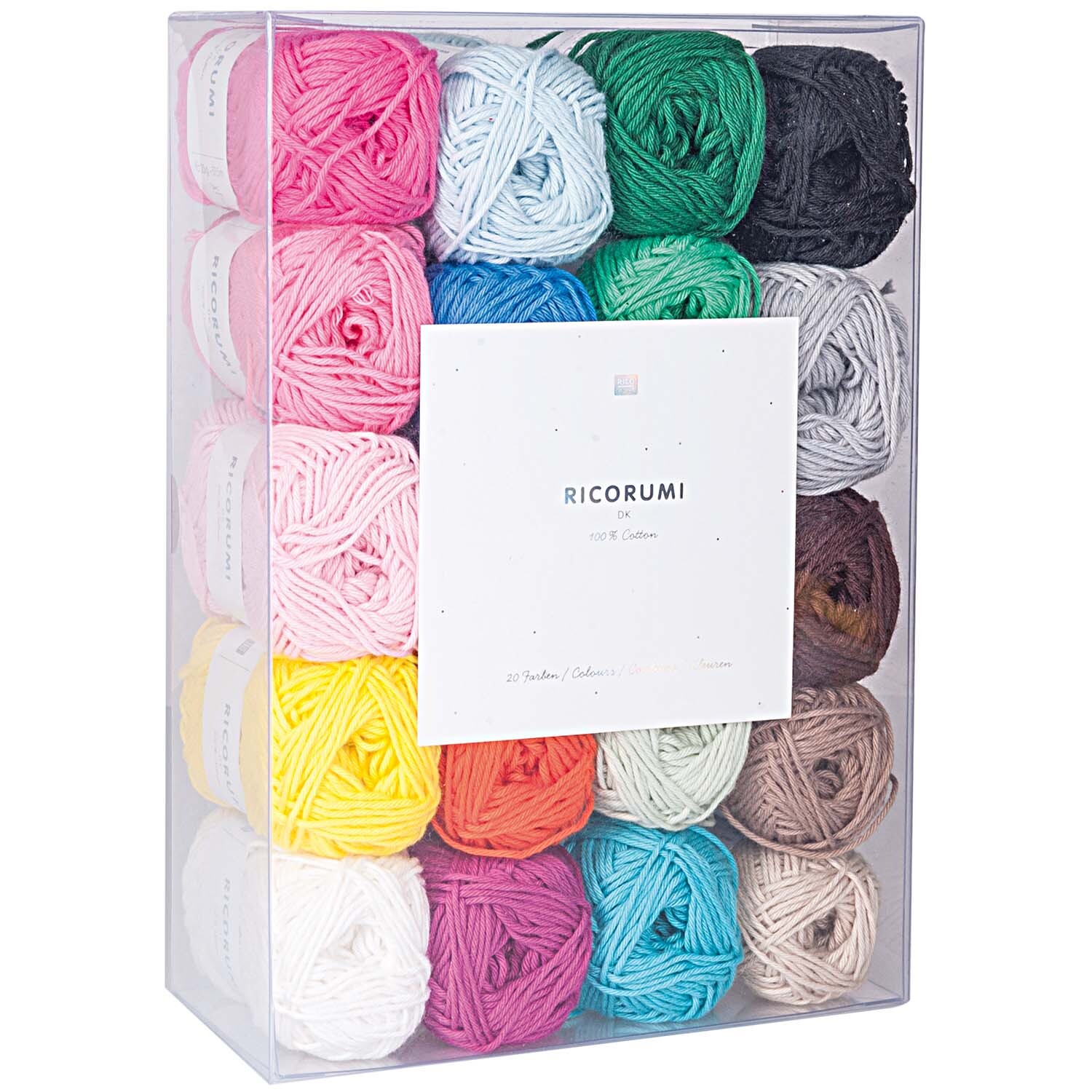 Creative Ricorumi dk Set: Eine Box mit bunten Garnknäueln von Rico Design, ideal für kreative Projekte.