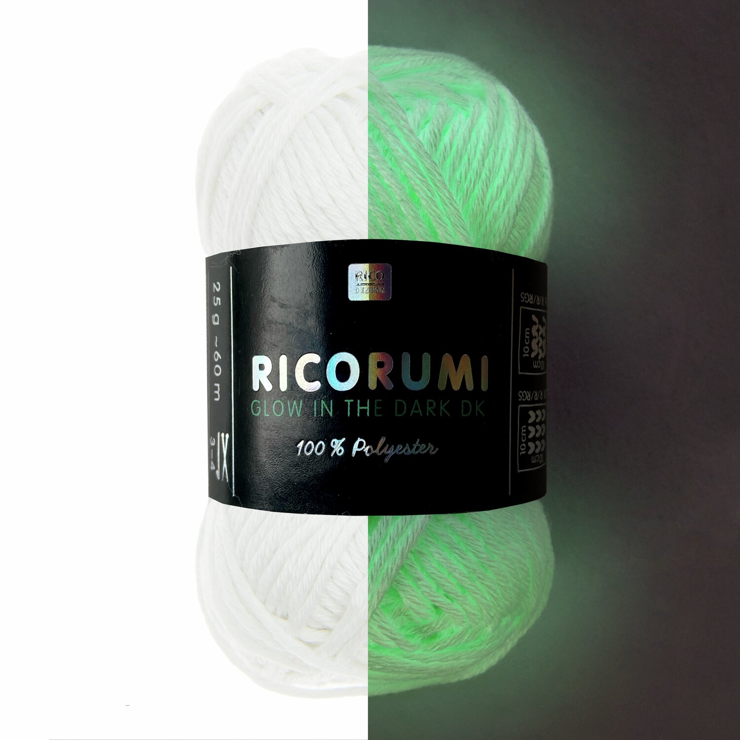 Ricorumi Glow In The Dark dk, leuchtendes Garn, 25g 60m, von Rico Design, halb weiß, halb grün.
