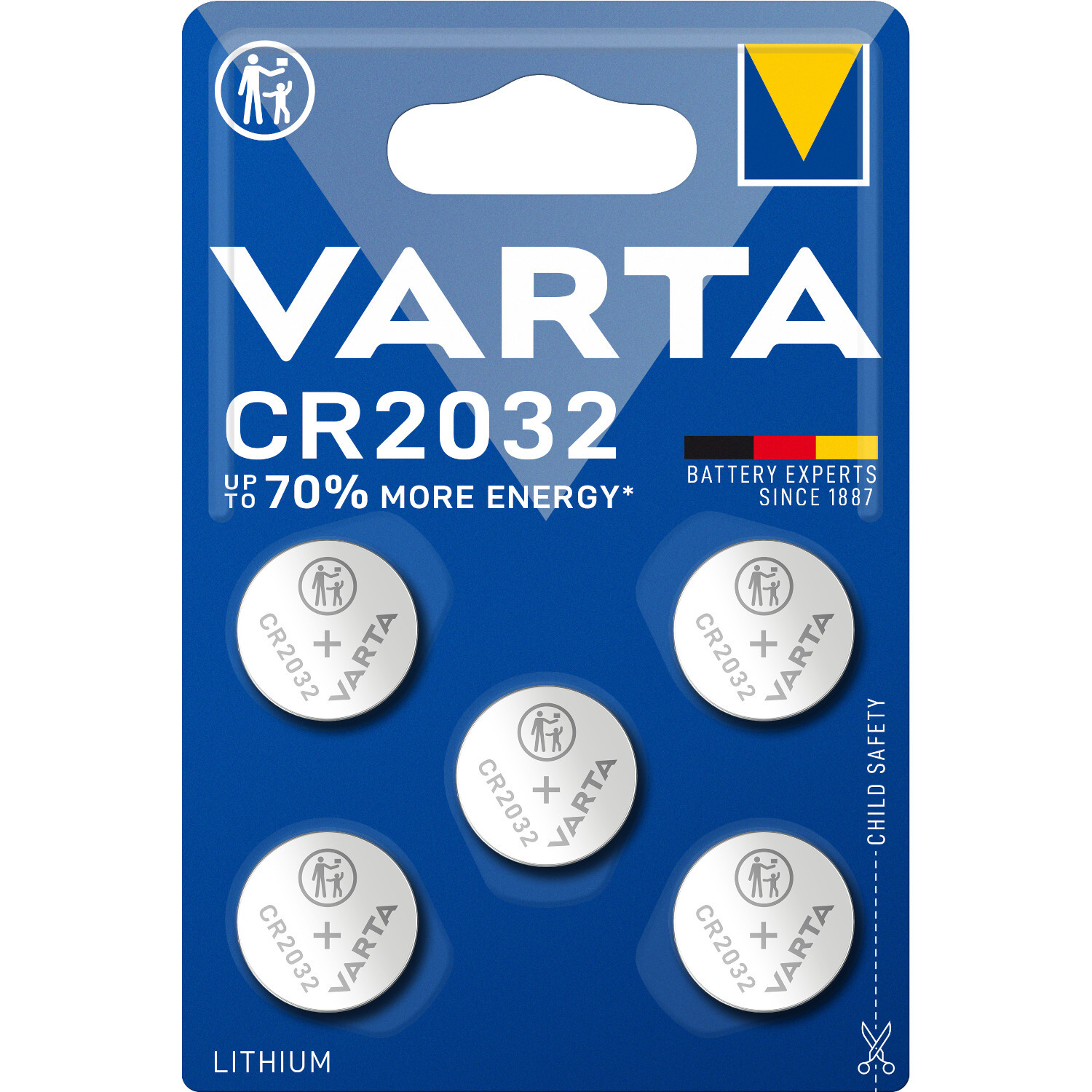 CR 2032 V 5-BL (6032) Varta Batterien, 5 Stück, auf blauem Blister mit VARTA-Logo.