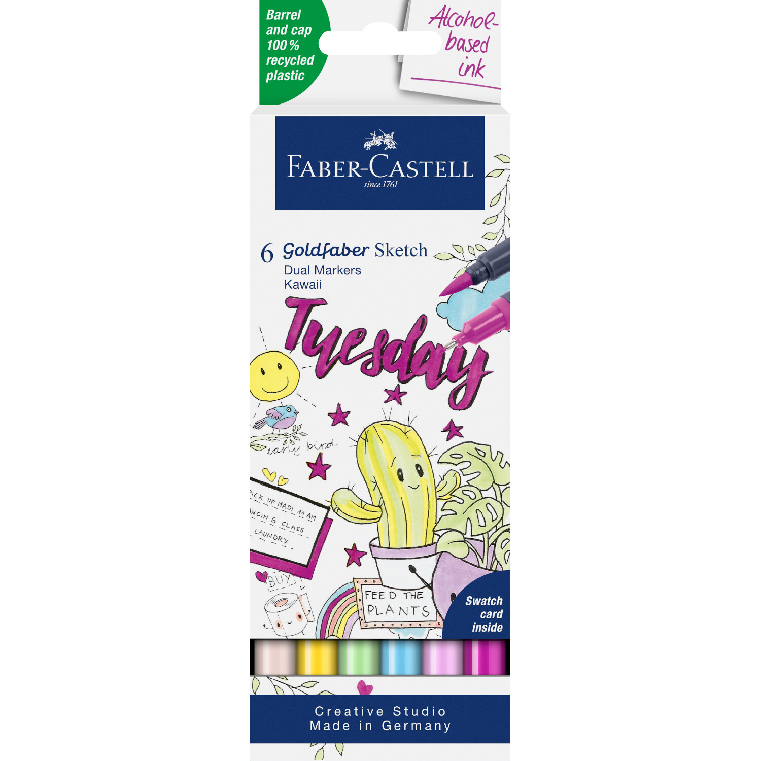Goldfaber Sketch Marker Kawaii Set mit 6 bunten Markern von Faber Castell, ideal für kreative Zeichnungen. Verpackung zeigt fröhliche Illustrationen.