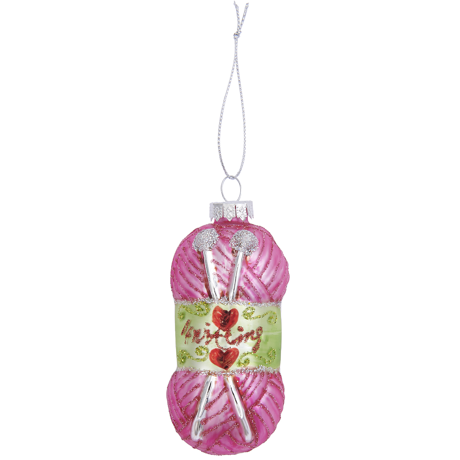 Glaskugel Baumschmuck in Wollknäuel-Form, pink, von Rico Design, mit Stricknadeln und Aufhängung.