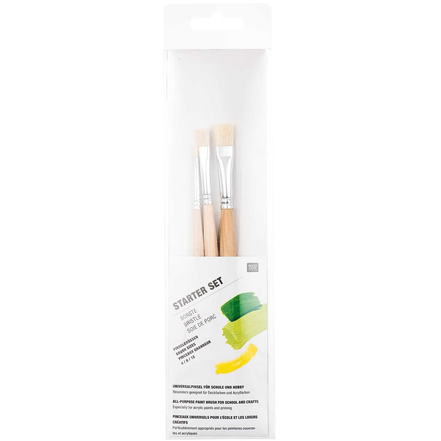 Pinsel Starterset Borste, 3-teilig, von Rico Design. Enthält Pinsel mit Holzgriffen in einer transparenten Verpackung. Ideal für Anfänger.