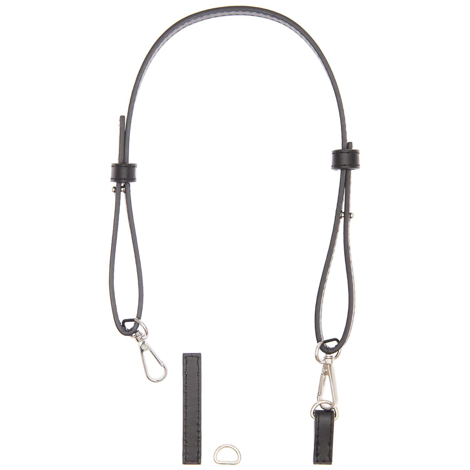 Kunstleder Schulterriemen kurz schwarz-silber von Rico Design, 7-teilig, mit silbernen Karabinern und D-Ring, ideal für Taschen.